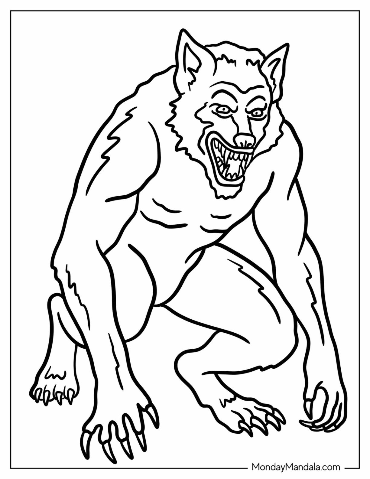 Frightening Werewolf Coloring Page with Sharp Teeth Outline