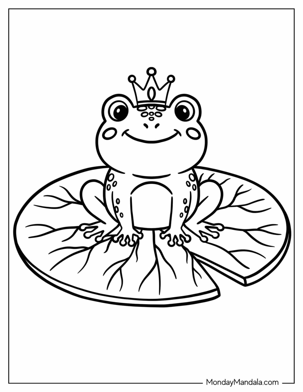 Frog Prince Wearing a Crown on a Lily Pad Coloring Page for Preschoolers