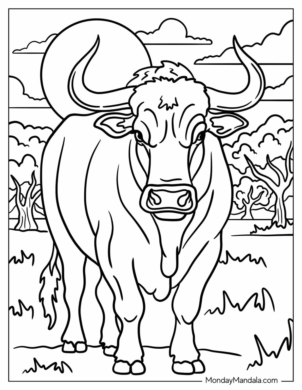Front Facing Bull Coloring Page in a Forest Clearing