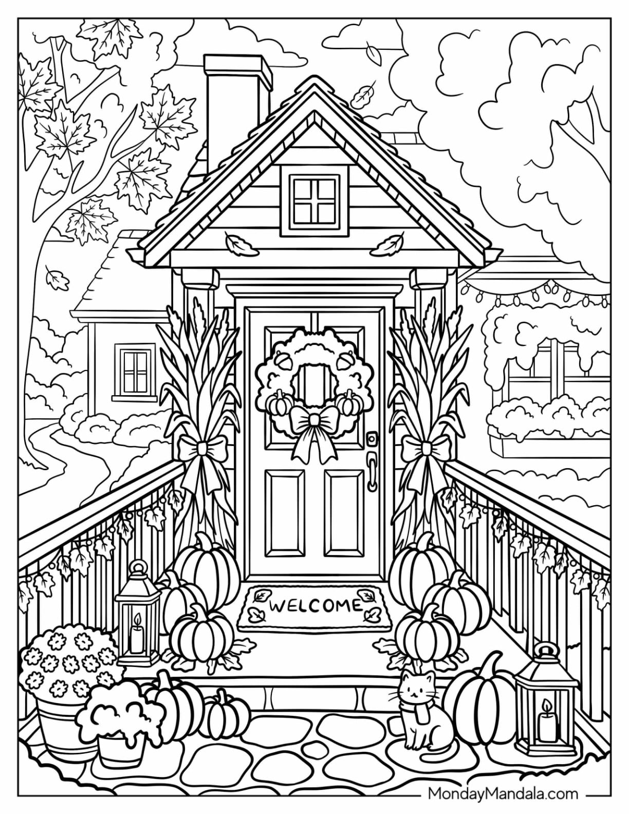 Front Porch with Autumn Decor Coloring Sheet for Adults