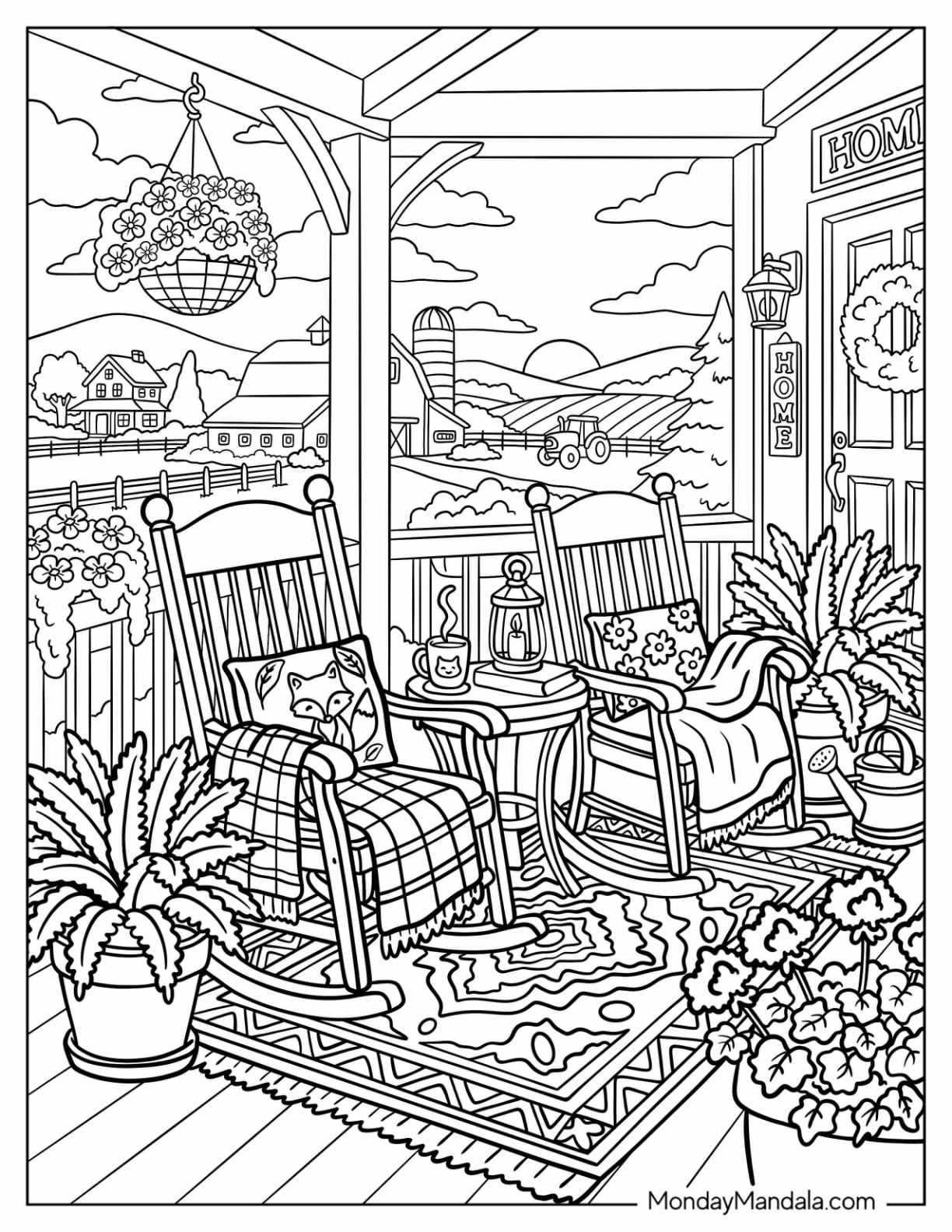 Front Porch with Rocking Chairs, Plants, Blankets, and a Countryside View Coloring Page for Adults