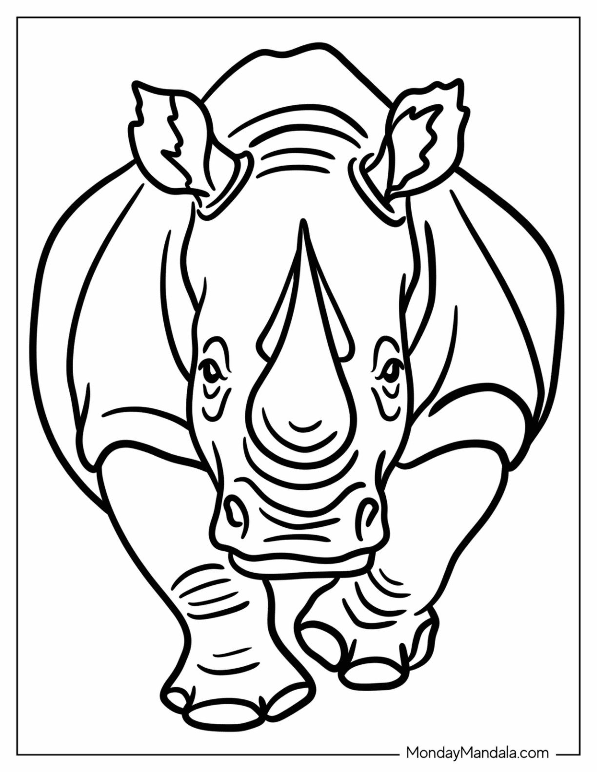 Front View of a Scary Rhino Coloring Page for Kids