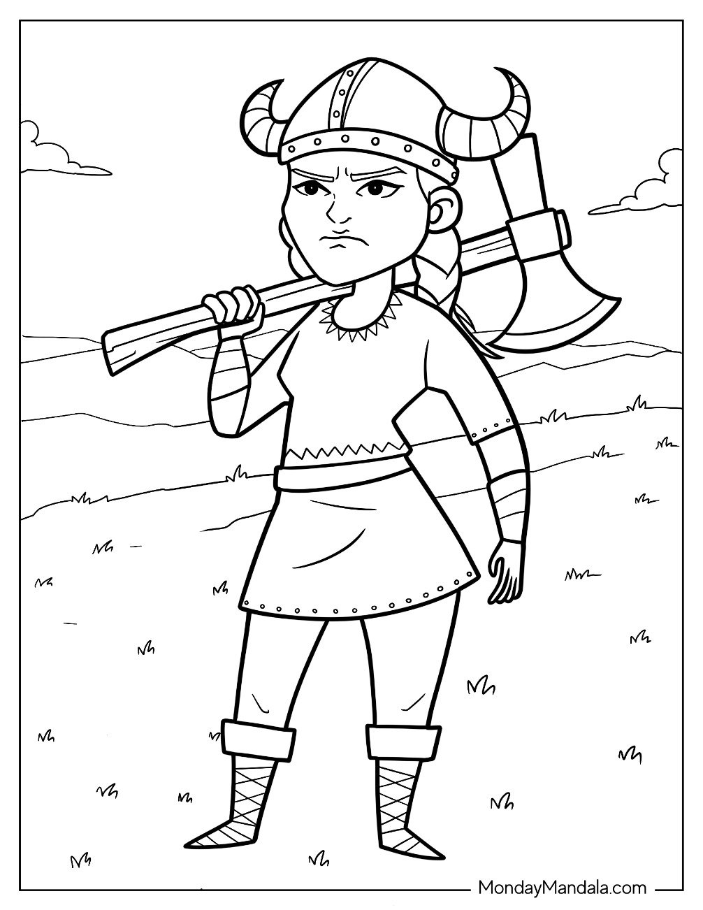 Frowning Female Viking Coloring Page With A Long Axe Over Her Shoulder
