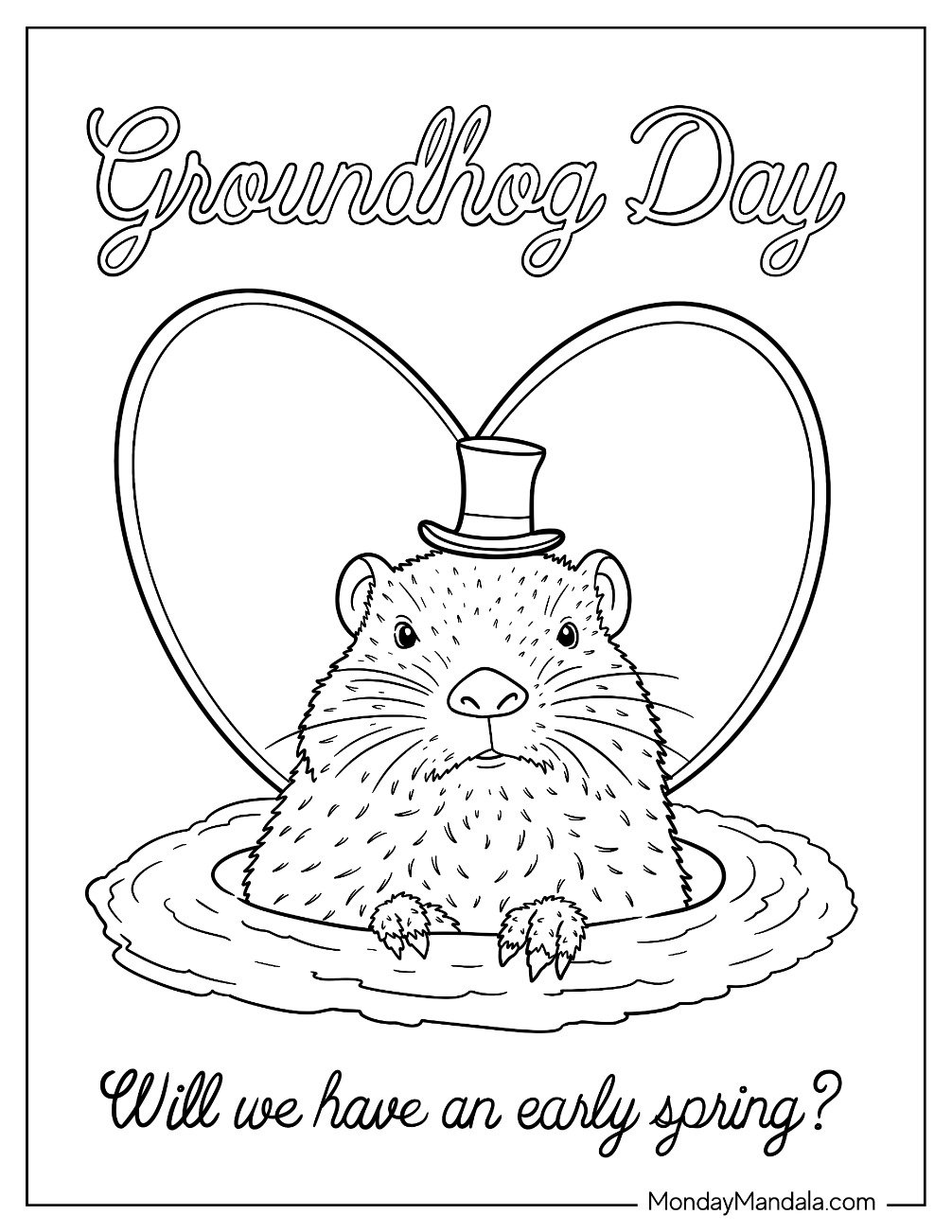 Frowning Groundhog Day Coloring Page With A Love Heart In The Back