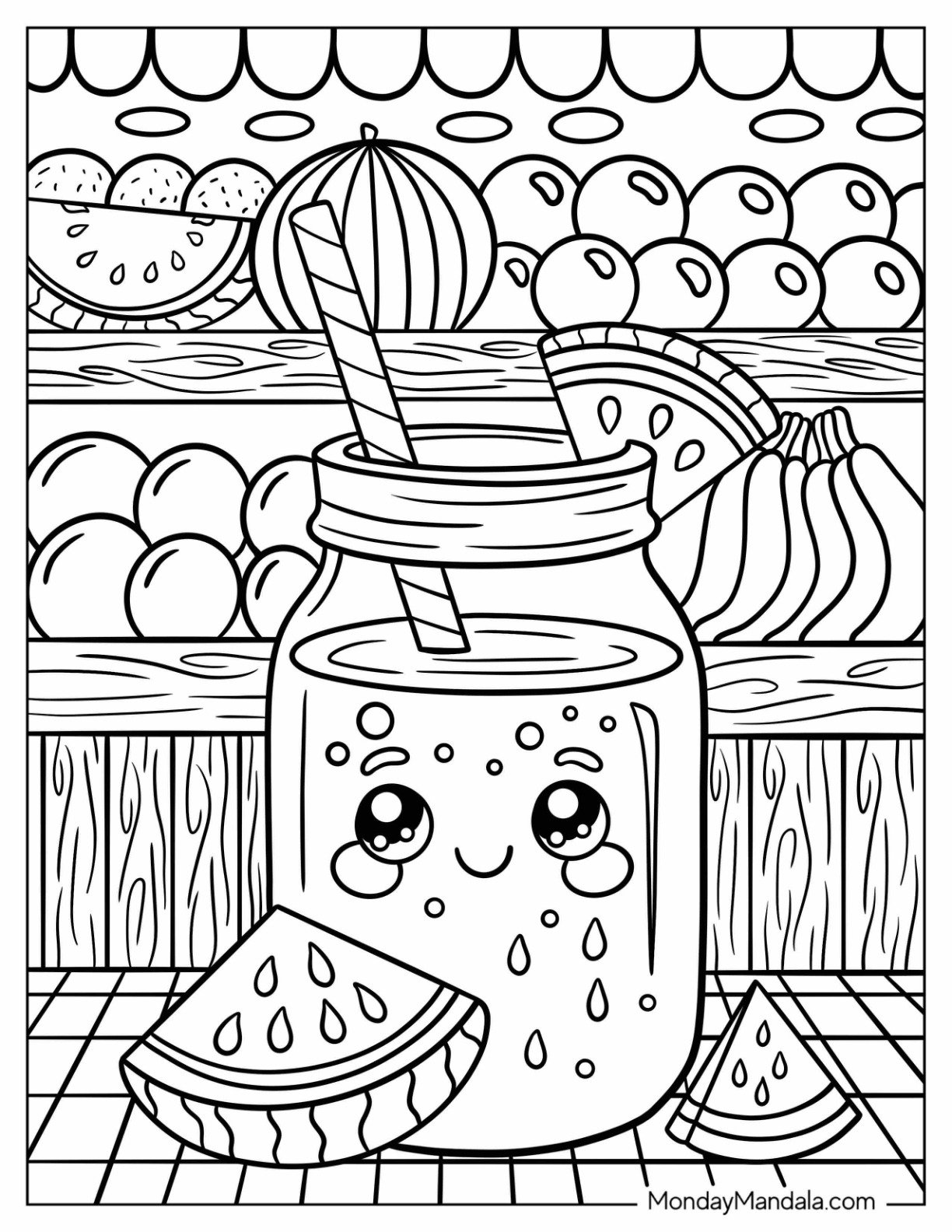 Fruit Stand with Happy Mason Jar and Watermelon Coloring Page Slices for Kids
