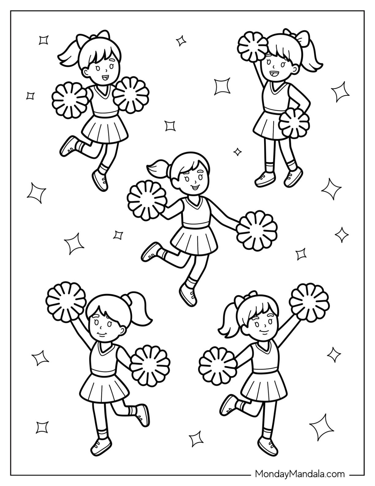 Cheerleading Coloring Page Of Full Page Cute Cheerleaders with Pom Poms and Sparkles