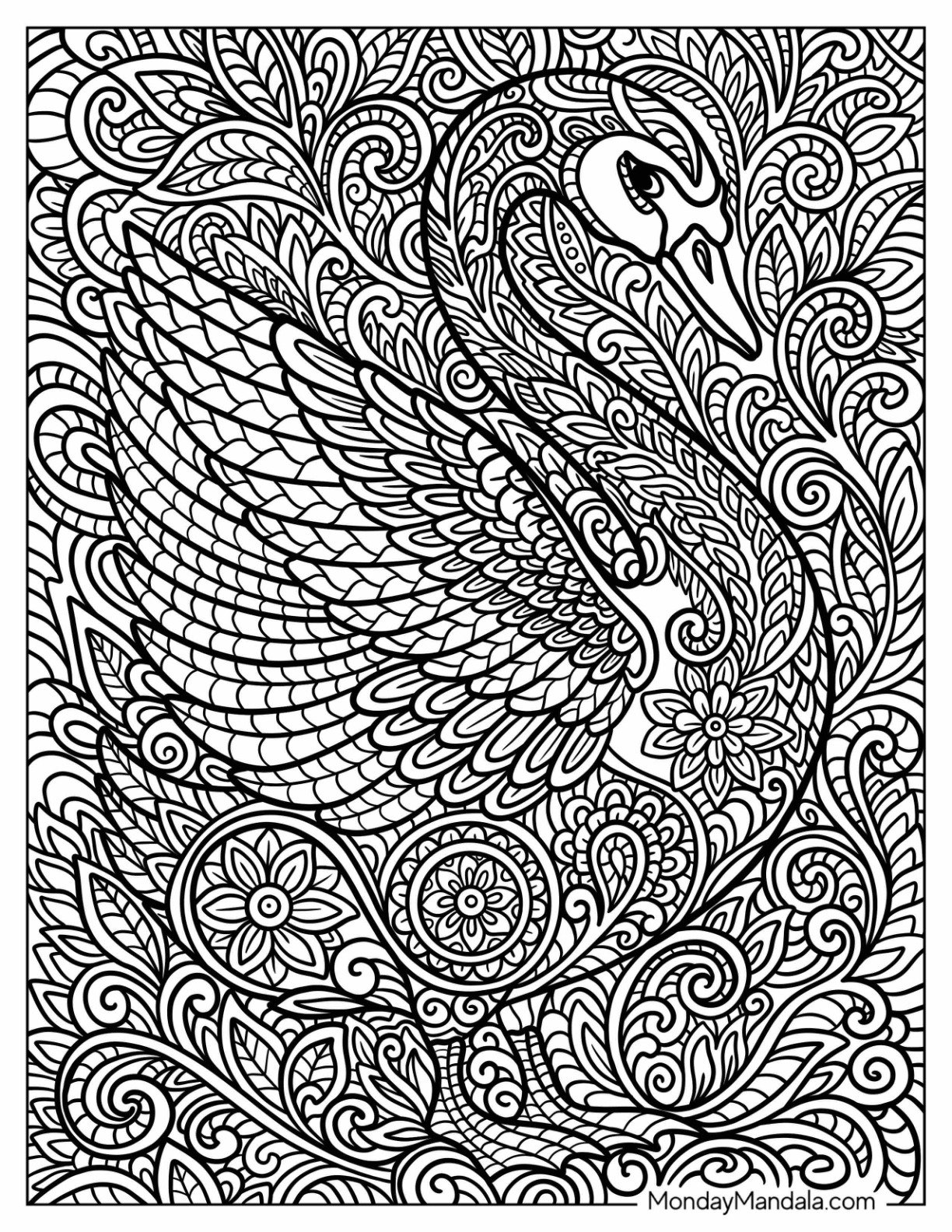 Full Page Intricate Swan Coloring Page Mandala