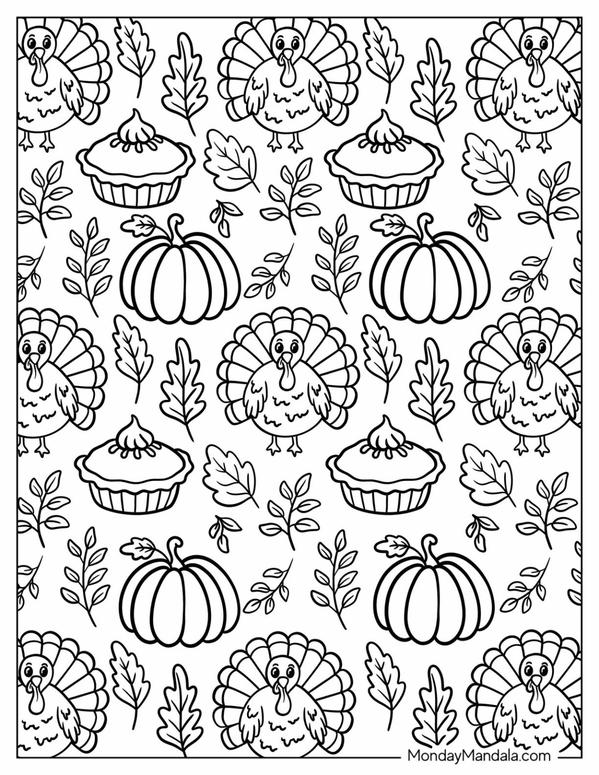 Full Page Thanksgiving Coloring Page Turkey, Fall Leaves, Pumpkins, and Pies