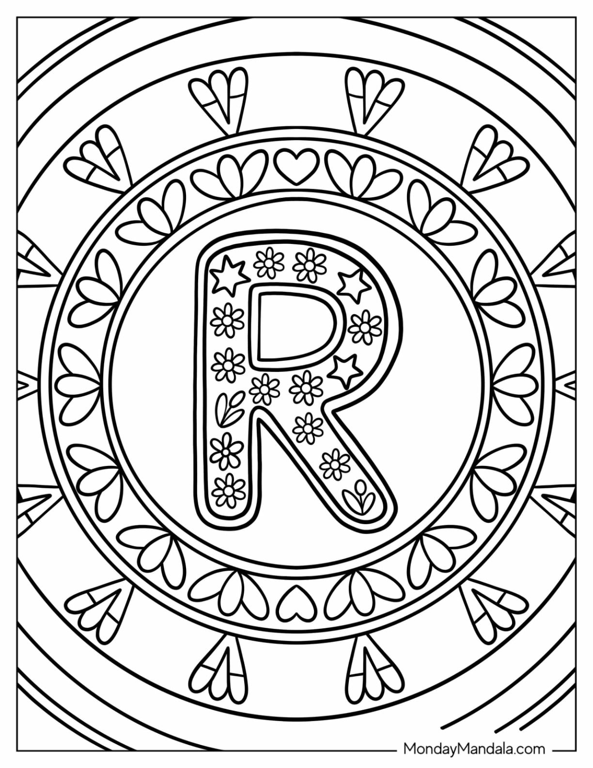 Fun Big Letter R Coloring Page in a Mandala Circle for Kids