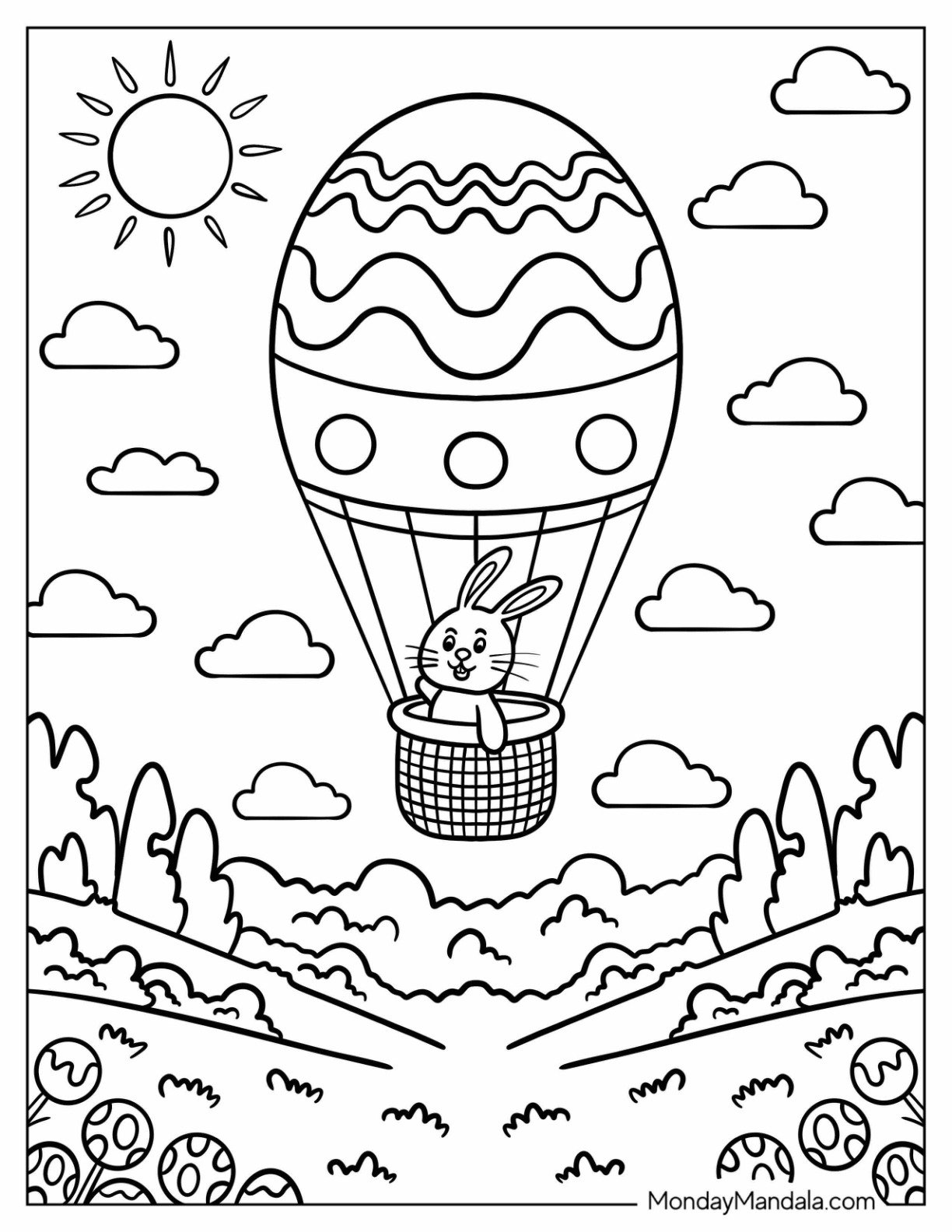 Fun Easter Bunny Coloring Page Flying in a Hot Air Balloon Over a Field of Eggs for Kids