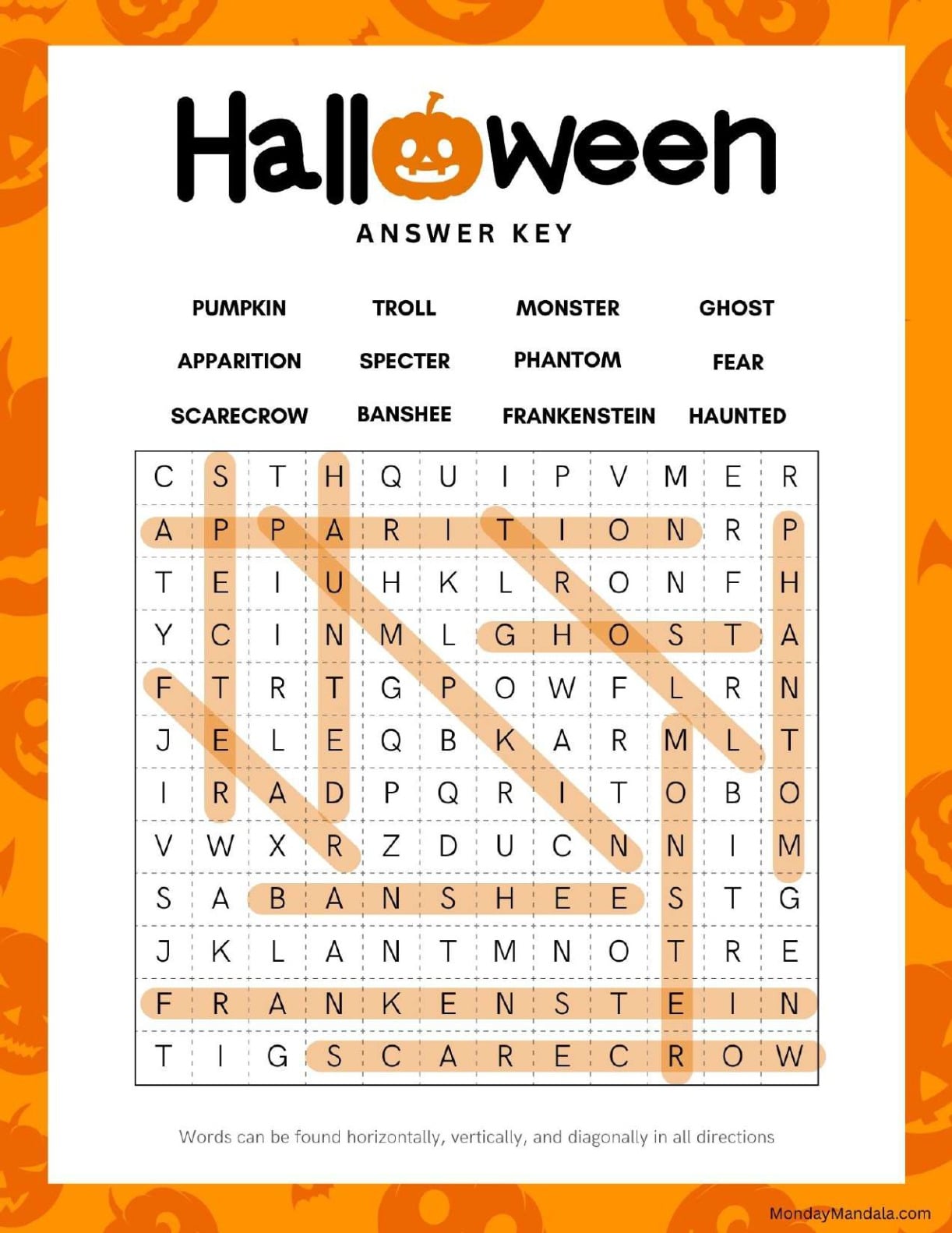 Fun Halloween Word Search Answer Key