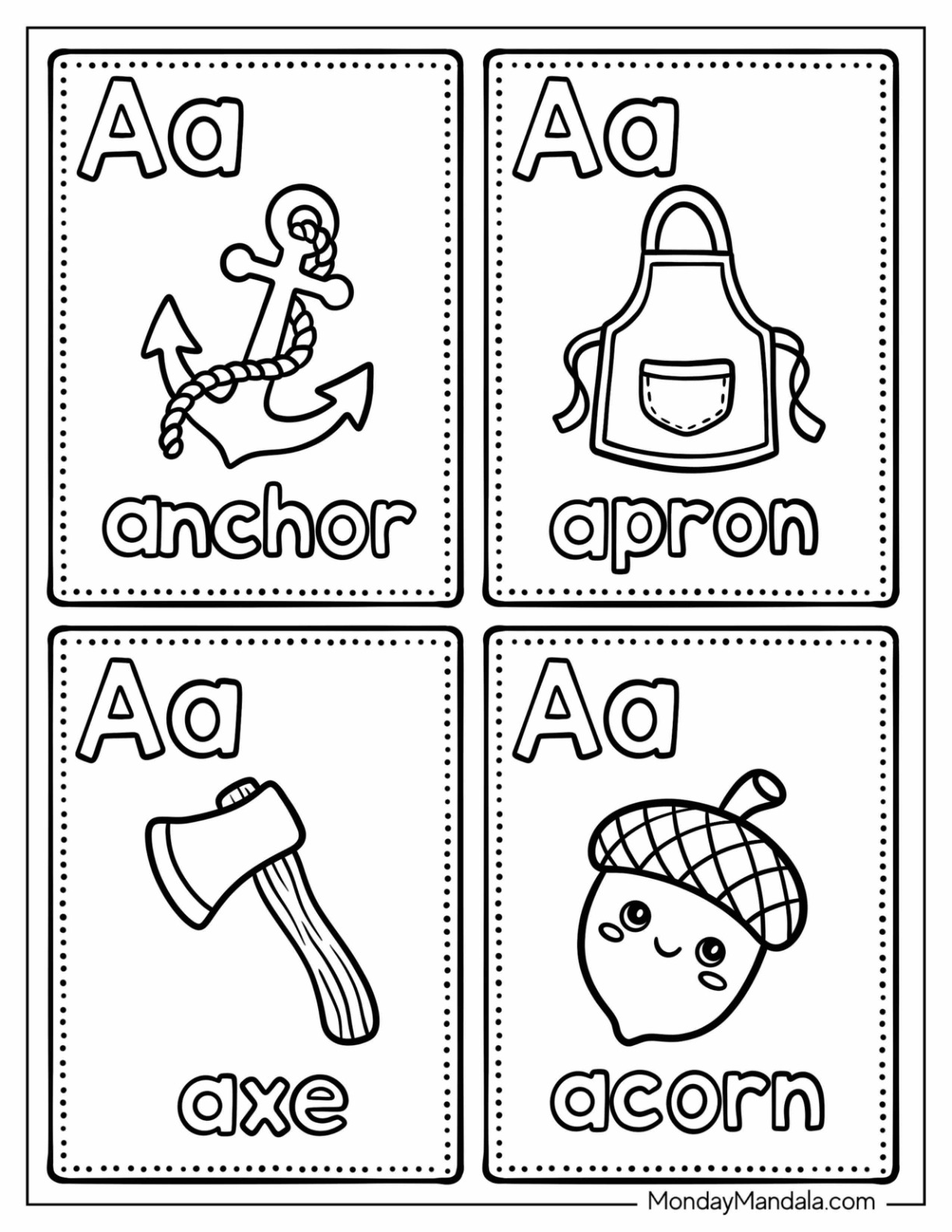 Fun Letter A Coloring Page Cards with Acorn, Axe, Apron, and Anchor