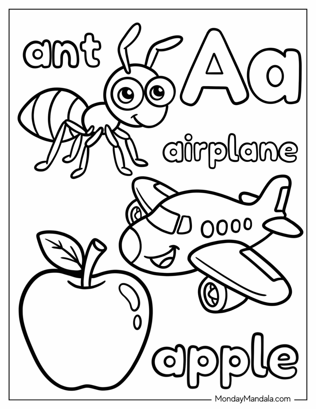 Fun Letter A Coloring Page is for Apple, Ant, and Airplane