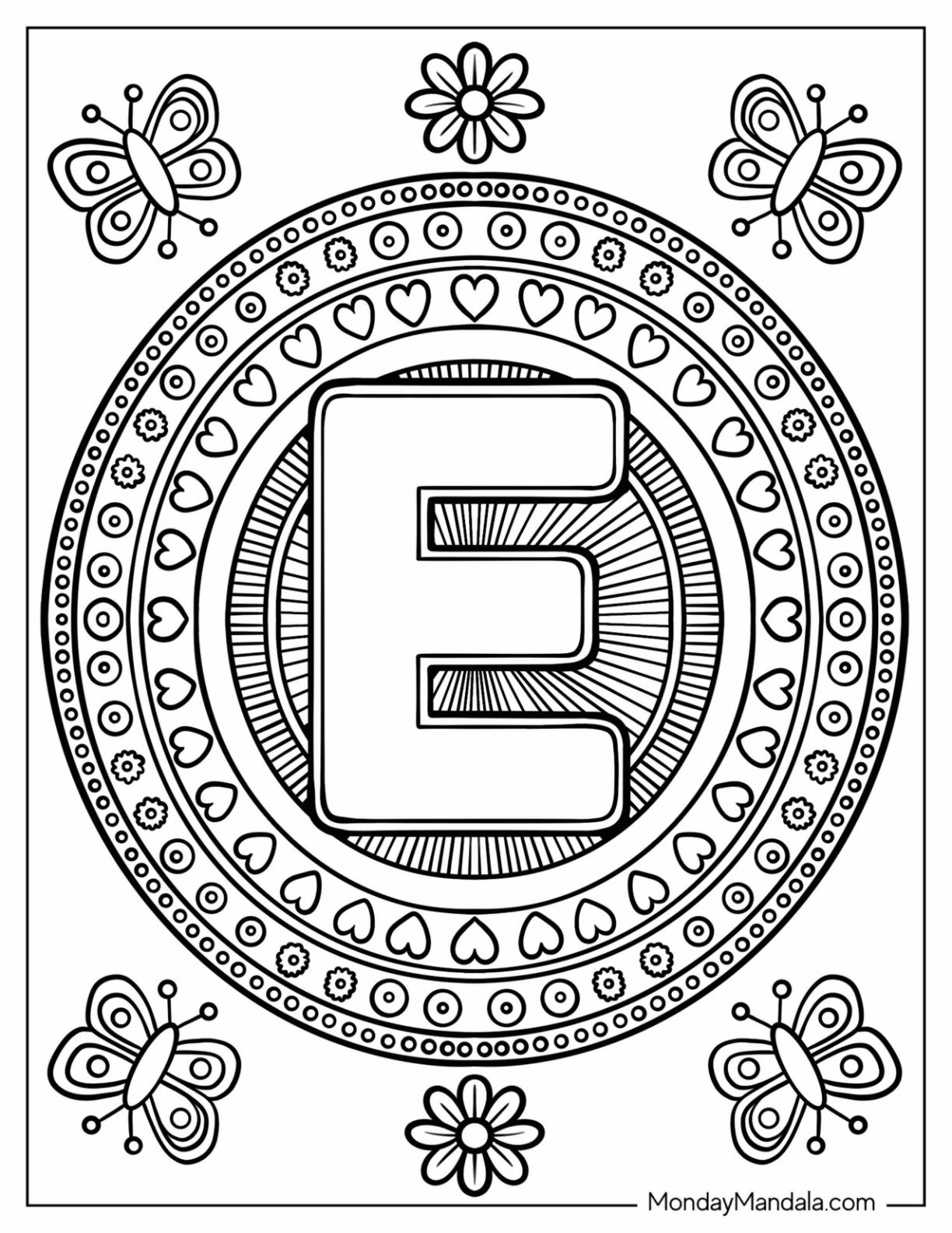Fun Letter E Coloring Page Mandala with Love Hearts and Butterflies for Kids