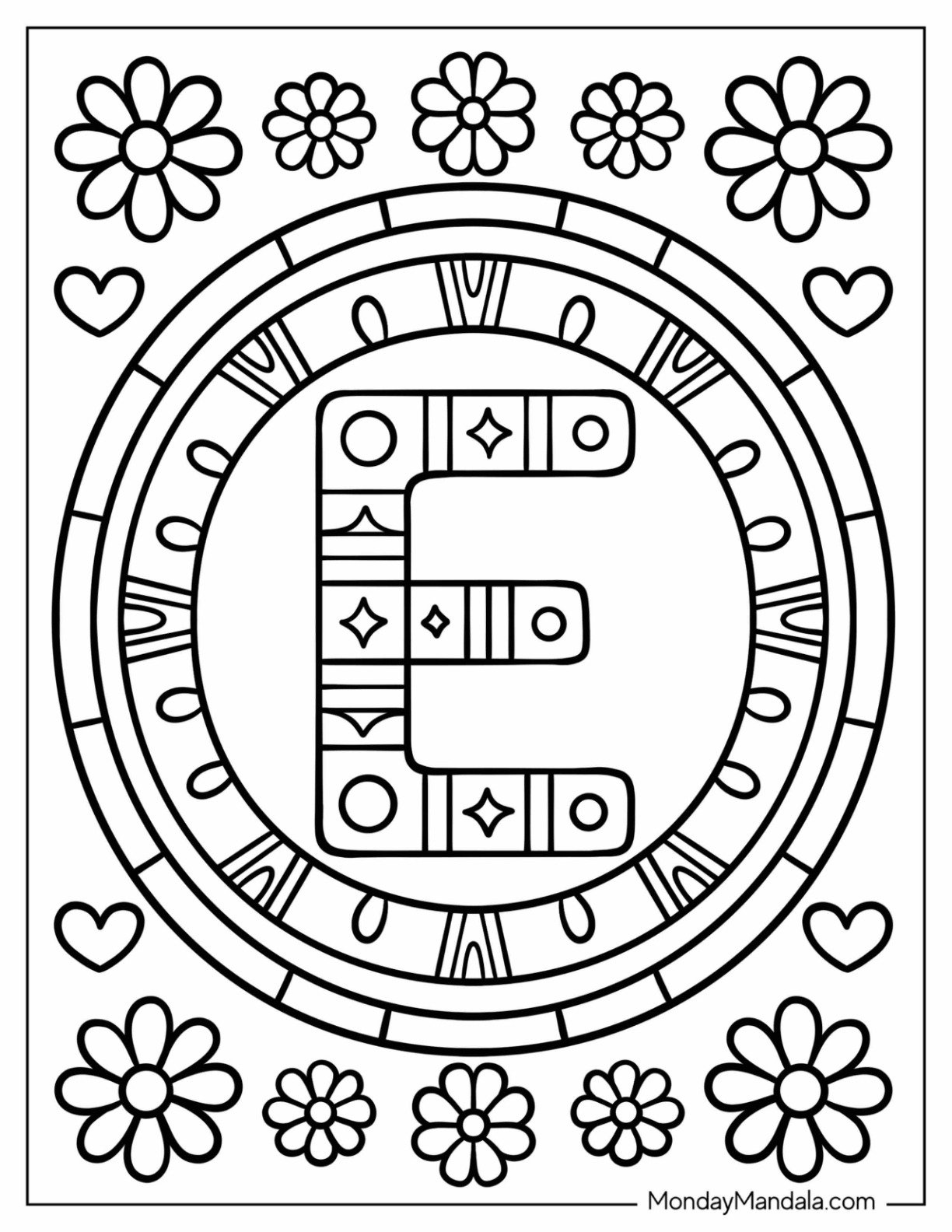 Fun Letter E Coloring Page in a Circle with Love Hearts and Flowers