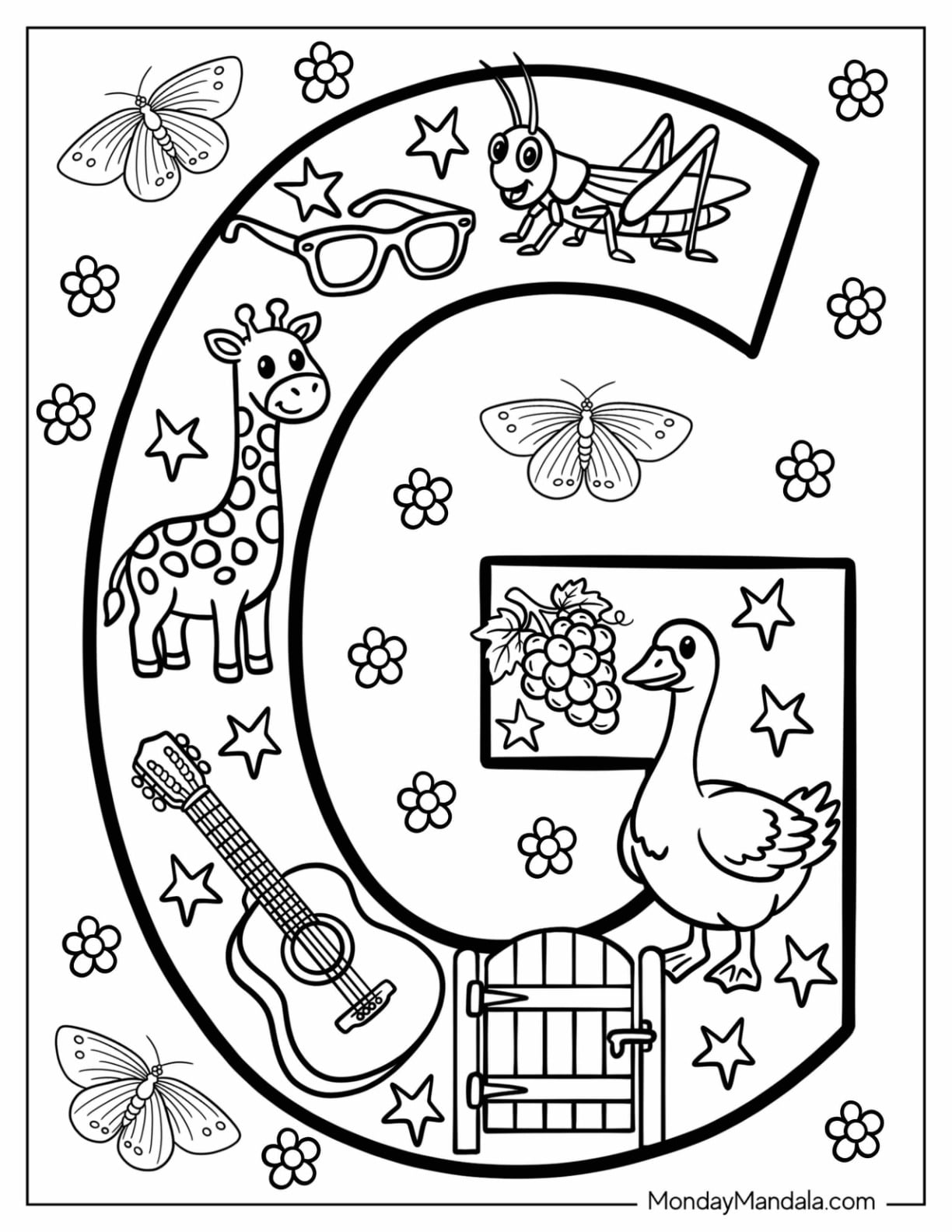 Fun Letter G Coloring Page with Things That Start with G