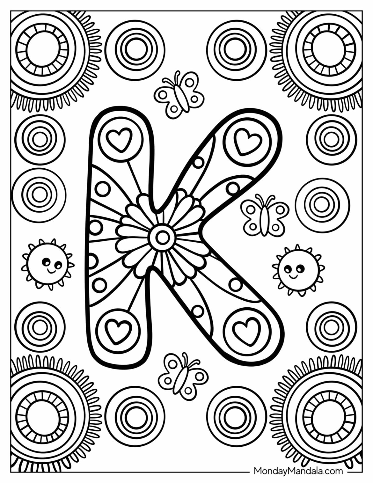 Fun Letter K Coloring Page with Flowers and Butterflies for Kids