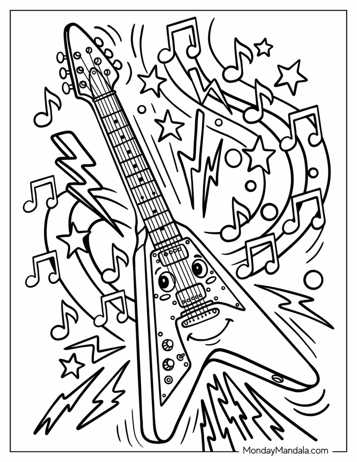 Fun Rock Guitar Coloring Page with Music Notes
