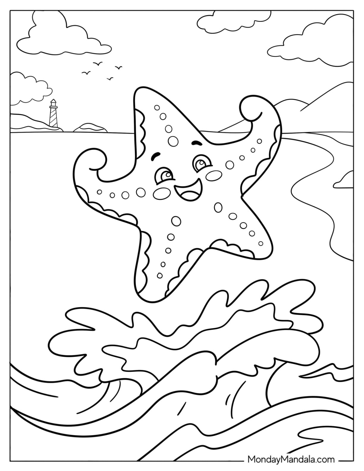 Fun Starfish Leaping from the Water Coloring Page