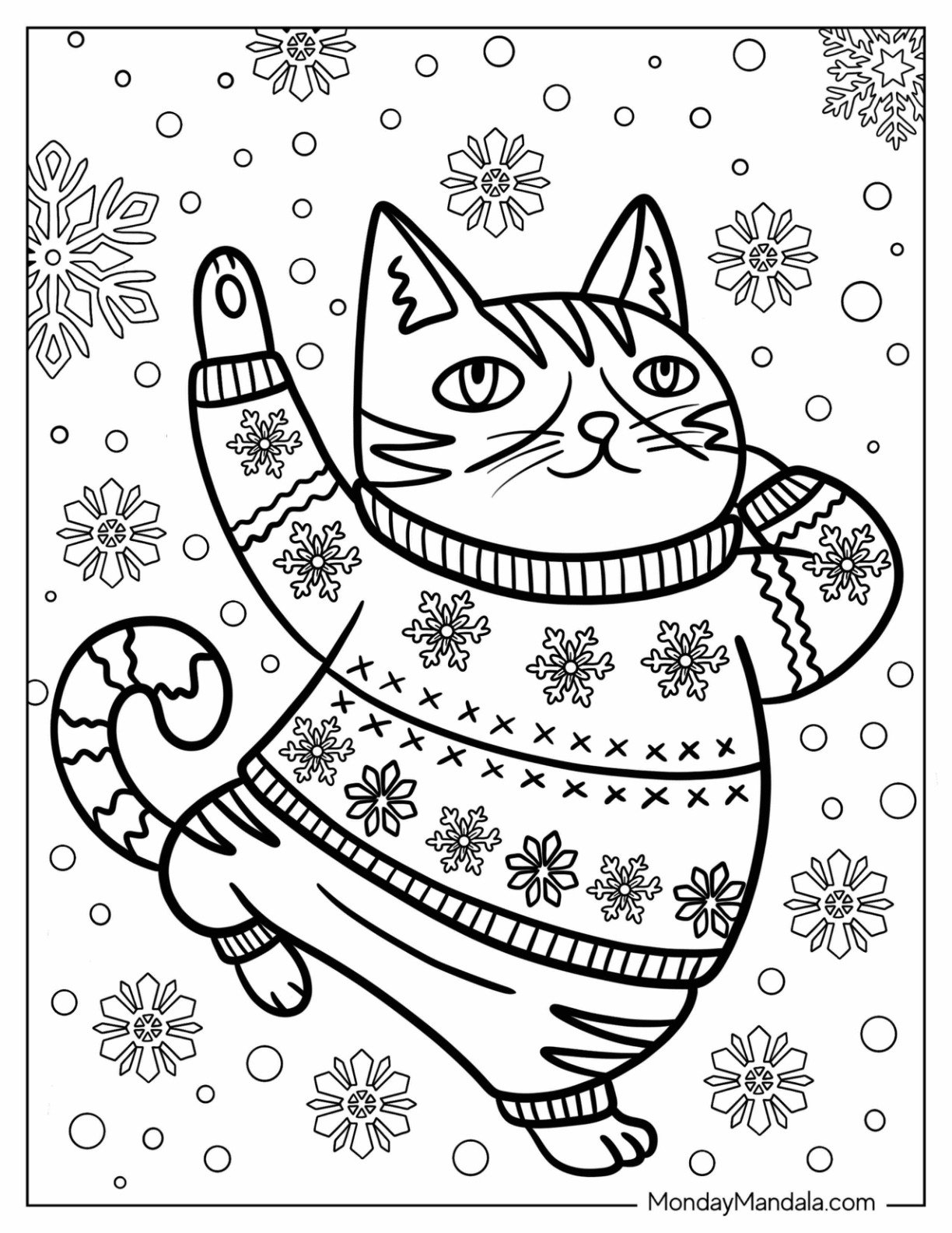 Funny Cat in Snowflake Coloring Page Sweater Dancing in the Snow for Kids