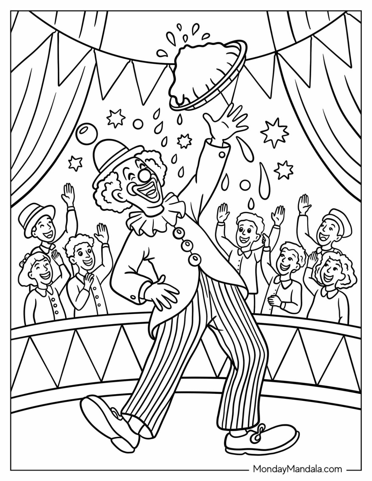 Funny Clown Coloring Page Throwing A Pie In The Air While People Cheer