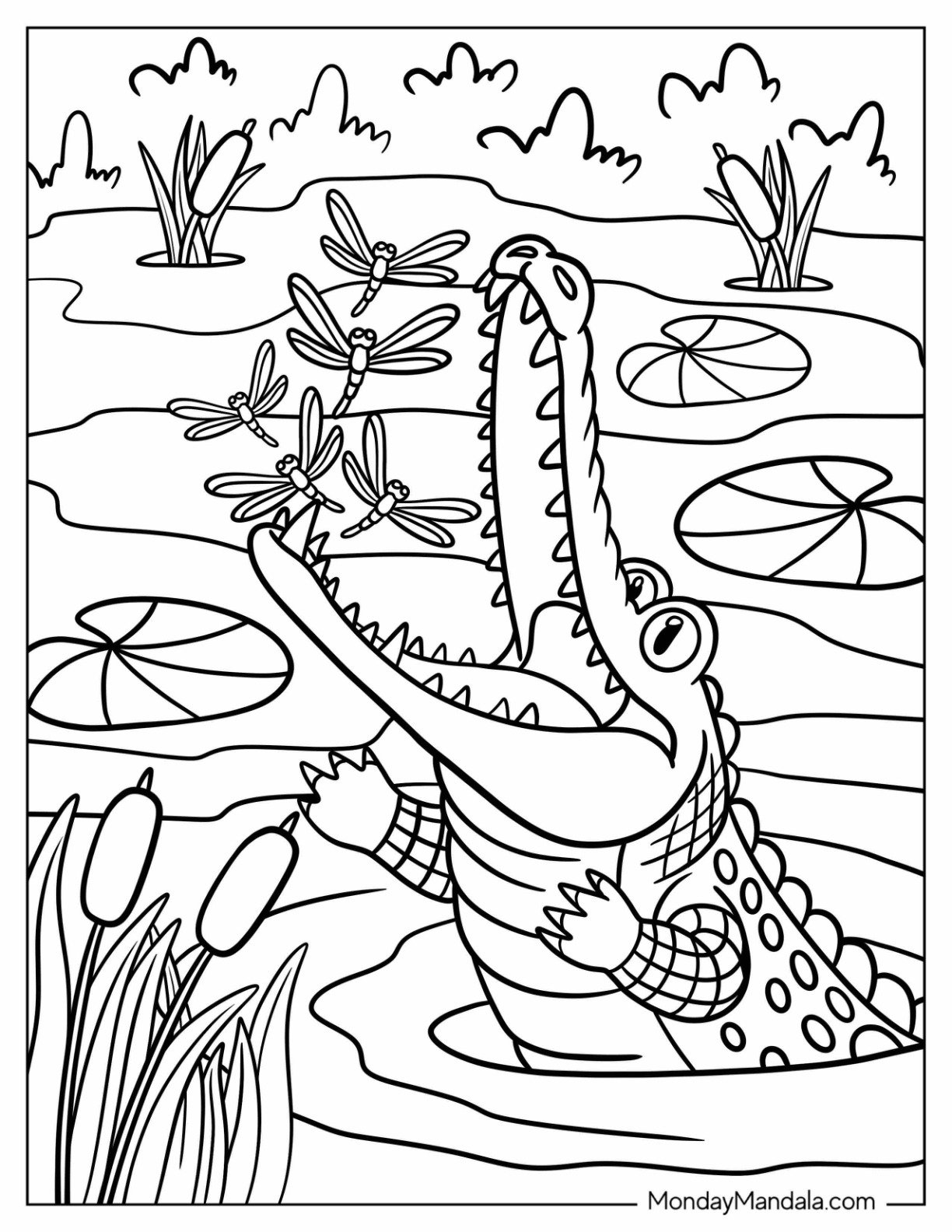 Funny Crocodile Coloring Page Chasing Dragonflies in the River