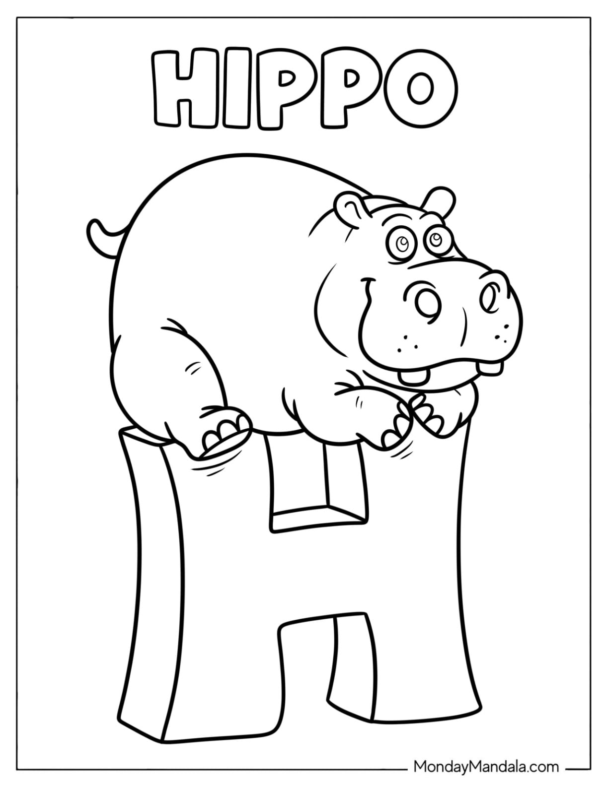 Funny Hippo Sitting on a Big Letter H Coloring Page