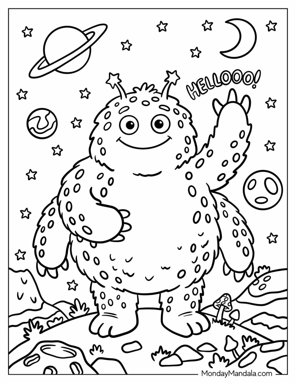Furry Alien with Four Hands in Outer Space Coloring Page