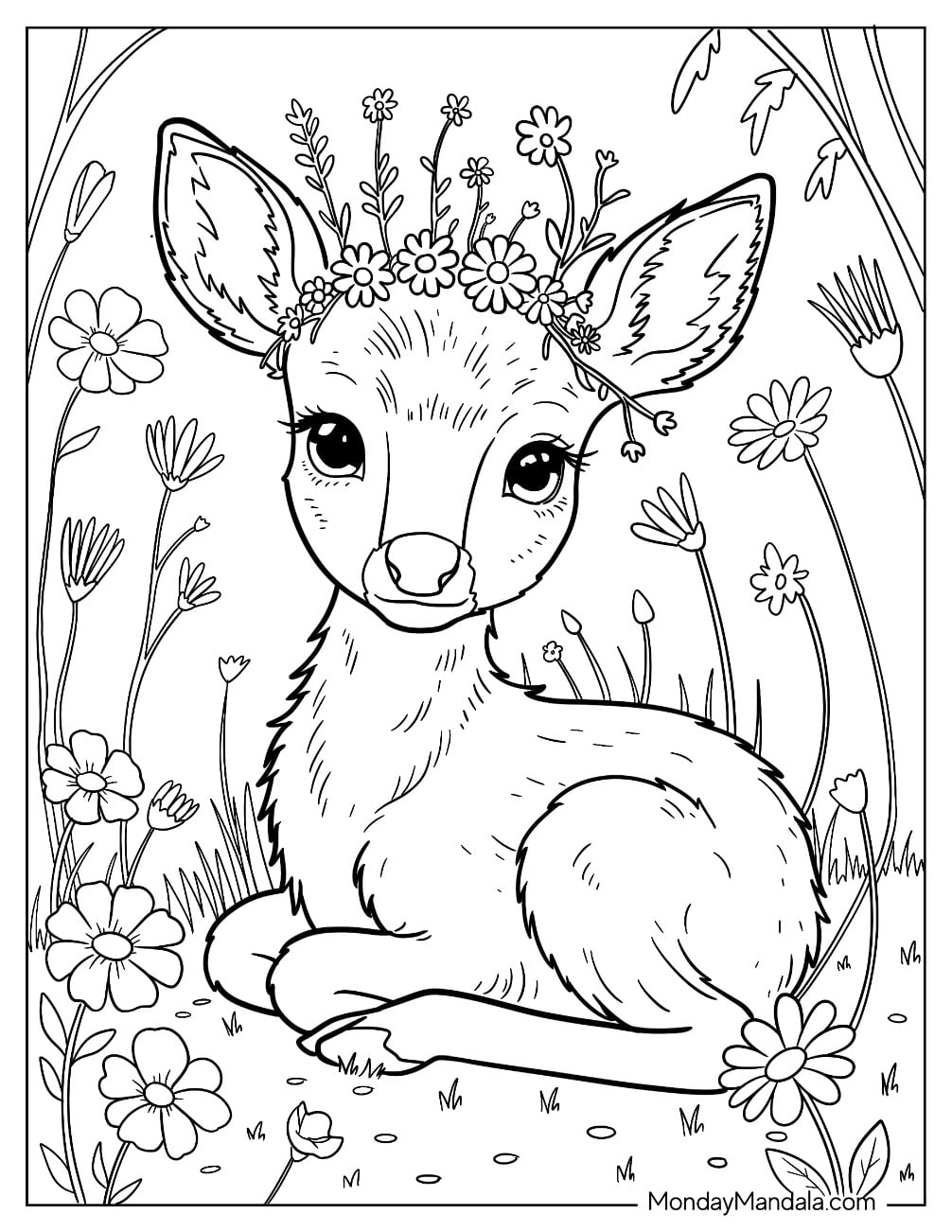 Furry Baby Deer Coloring Page with Flower Crown Coloring Page