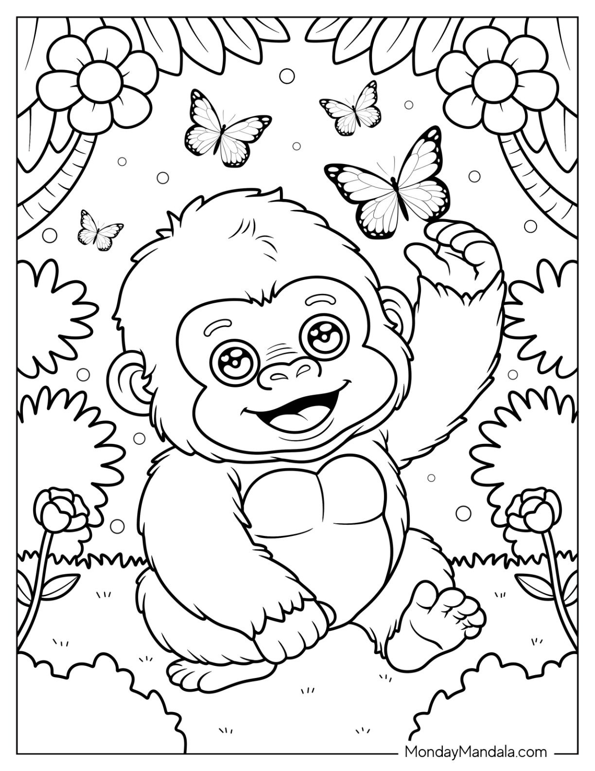 Furry Baby Gorilla Coloring Page Reaching for Butterflies in the Garden