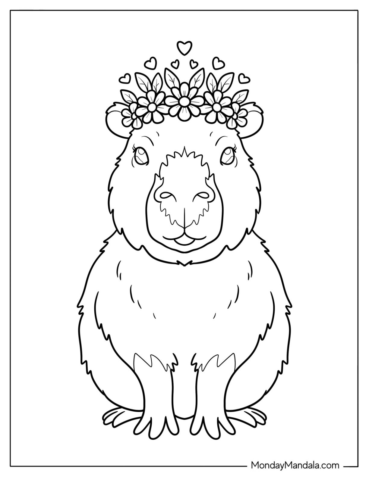 Furry Capybara Coloring Page with Flower Crown and Hearts for Kids