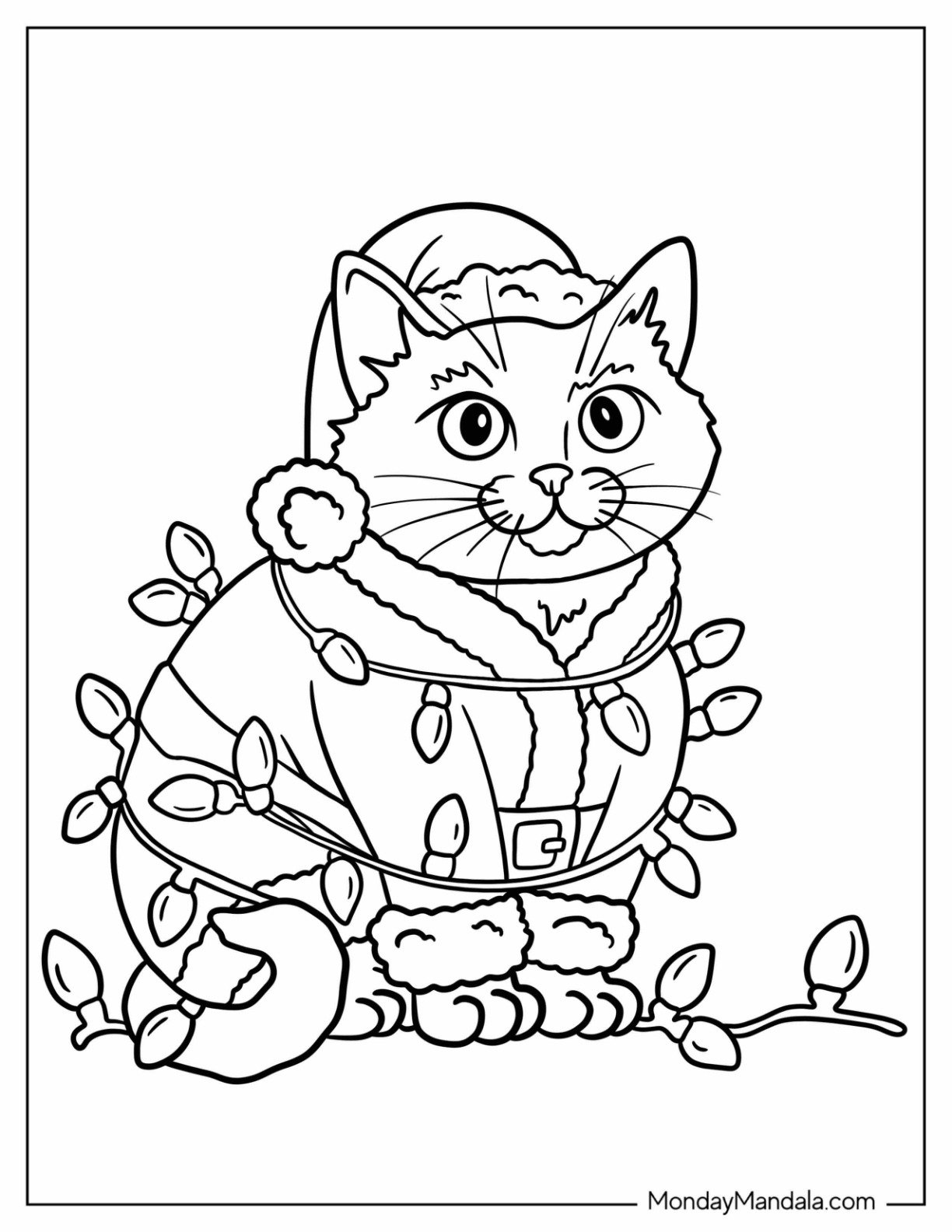 Furry Cat with Santa Hat Wrapped in Christmas Lights Coloring Page for Kids