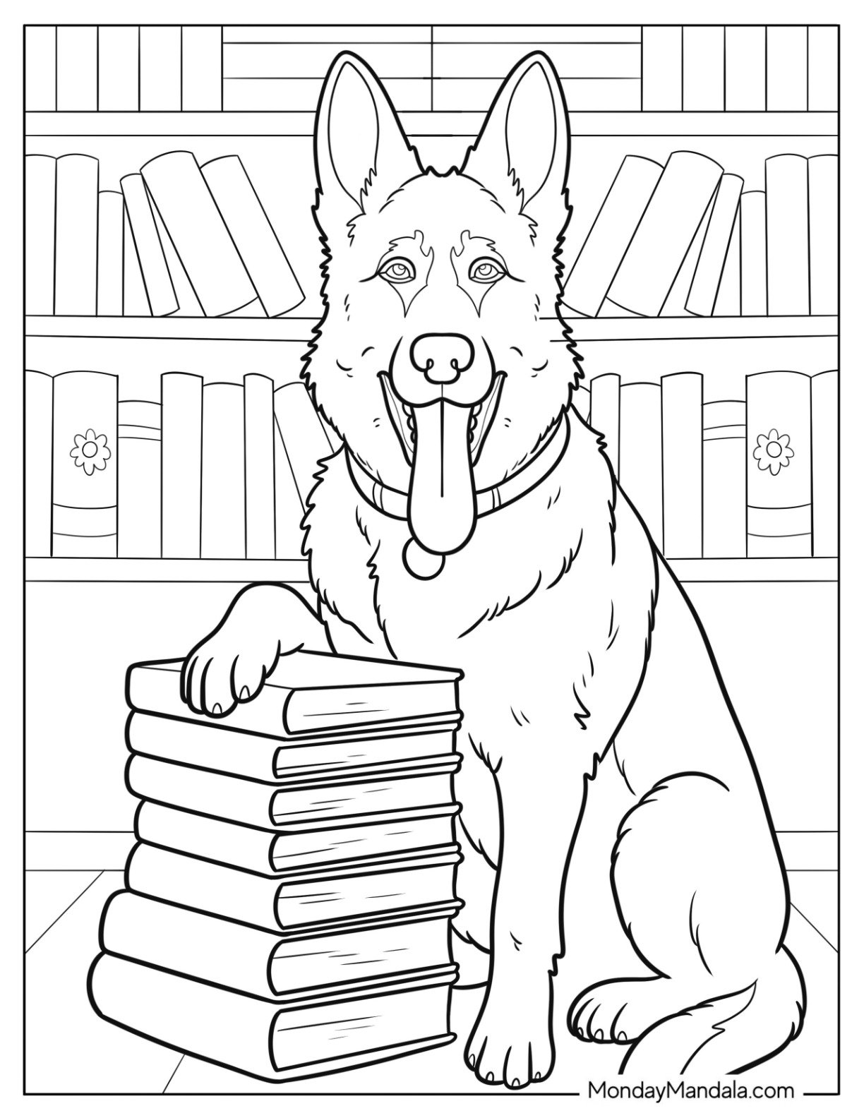 Furry German Shepherd Coloring Page with Paw on a Stack of Books in a Library