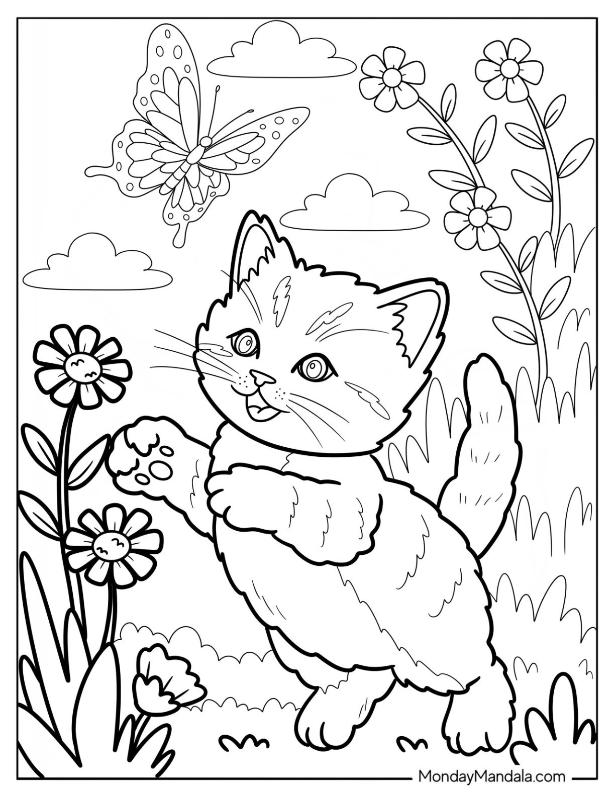 Furry Kitten Coloring Page Chasing a Butterfly in the Garden for Kids