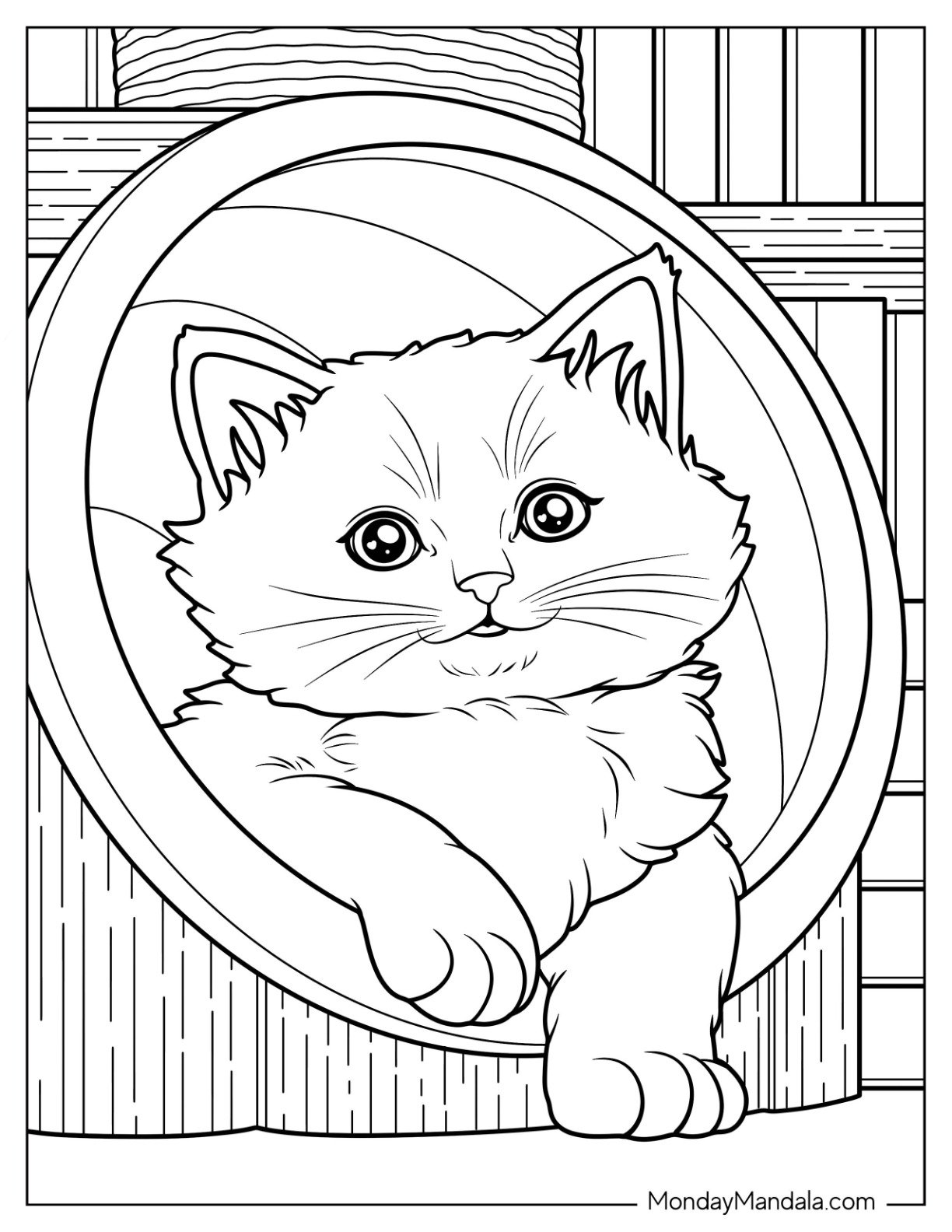Furry Kitten Coloring Page Peering Out of Cat Bed