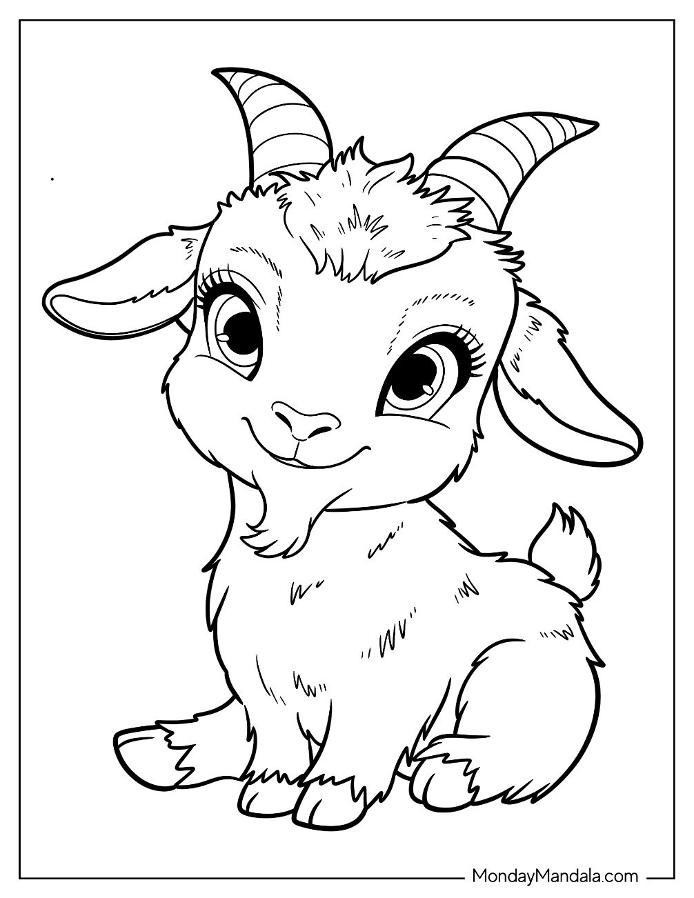 Furry Little Goat Coloring Page with Horns and Long Lashes for Kids