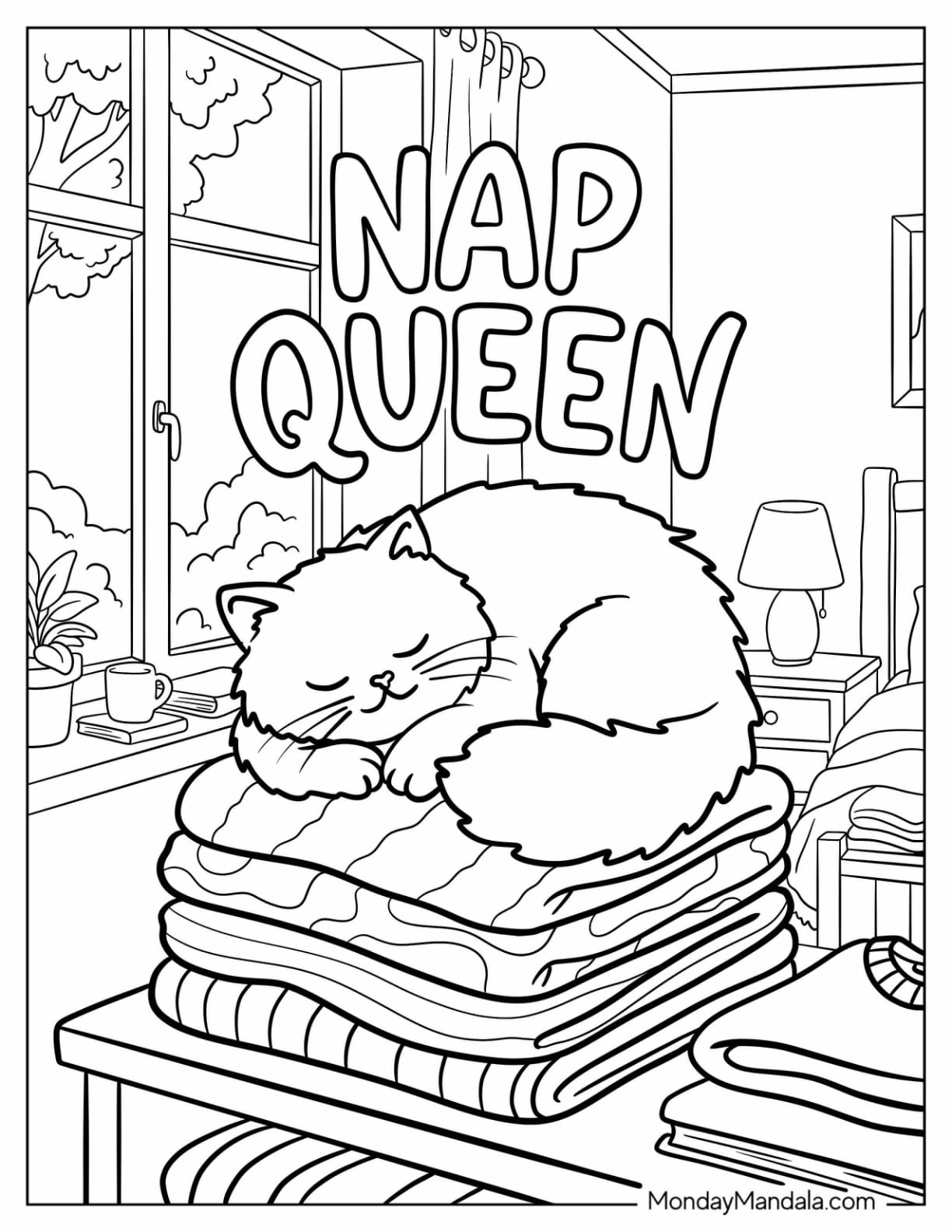 Furry Nap Queen on Folded Blankets Coloring Sheet