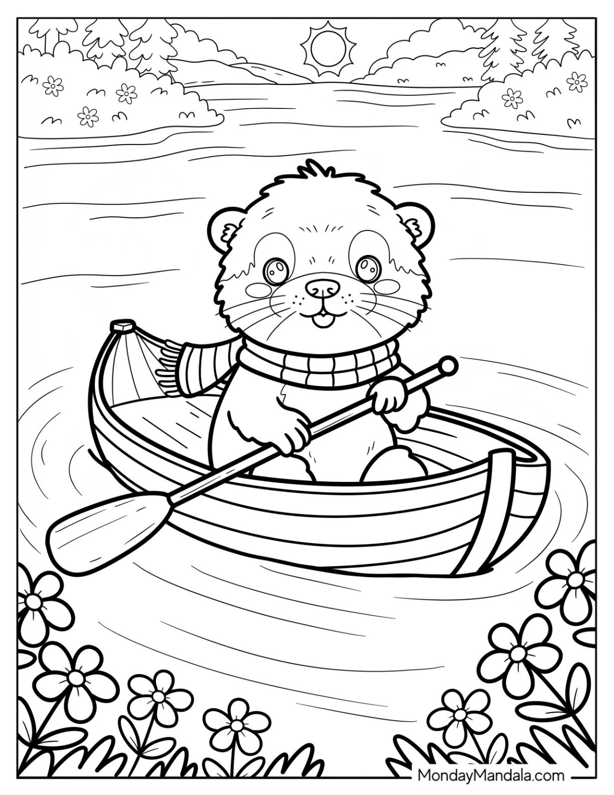 Furry Otter Coloring Page with a Scarf Rowing a Boat in the Lake
