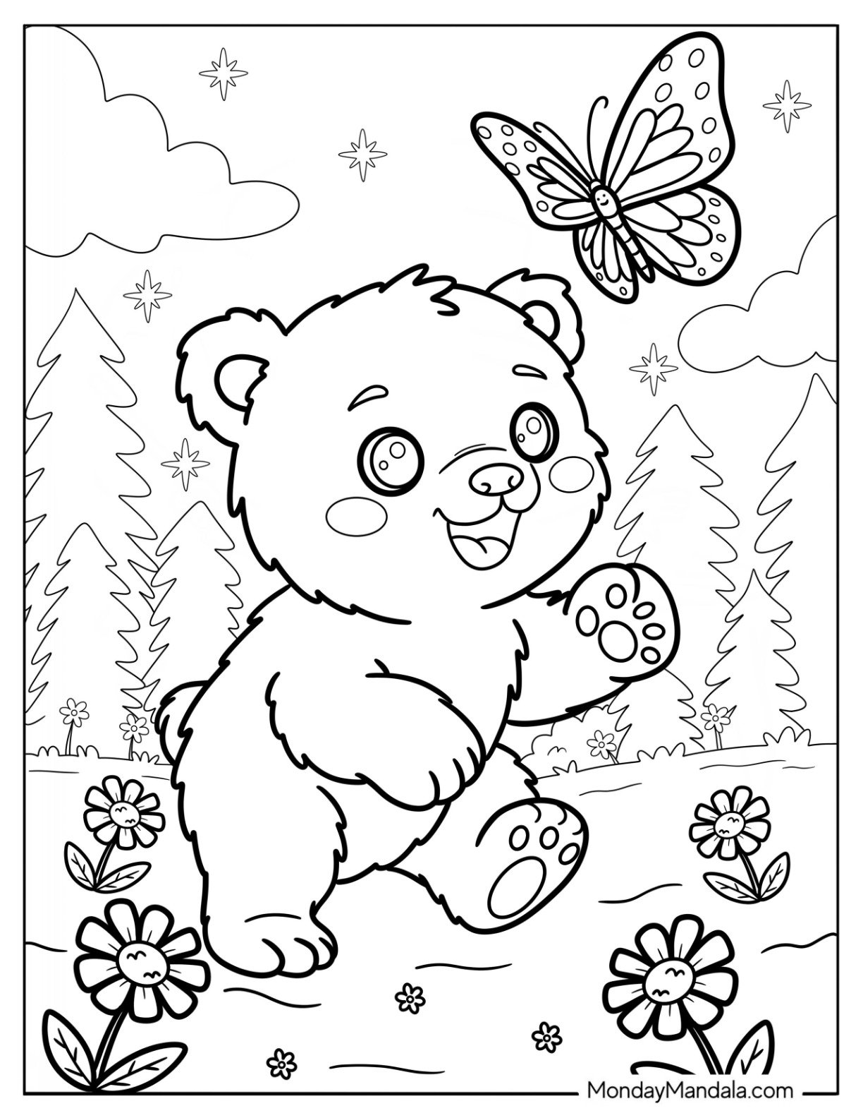 Furry Polar Bear Coloring Page Chasing a Butterfly