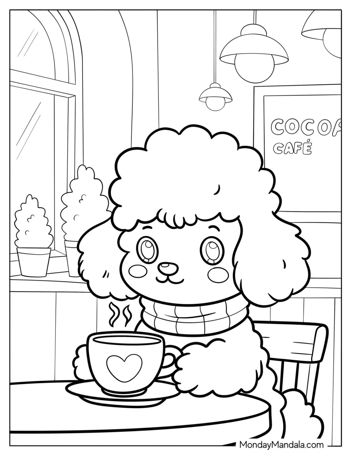 Furry Poodle Coloring Page with Scarf Drinking Coffee in a Cozy Café for Kids