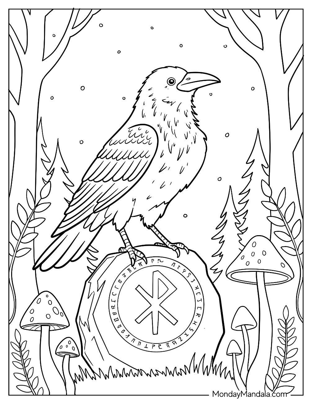 Furry Raven Coloring Page Perched on A Stone With Symbols