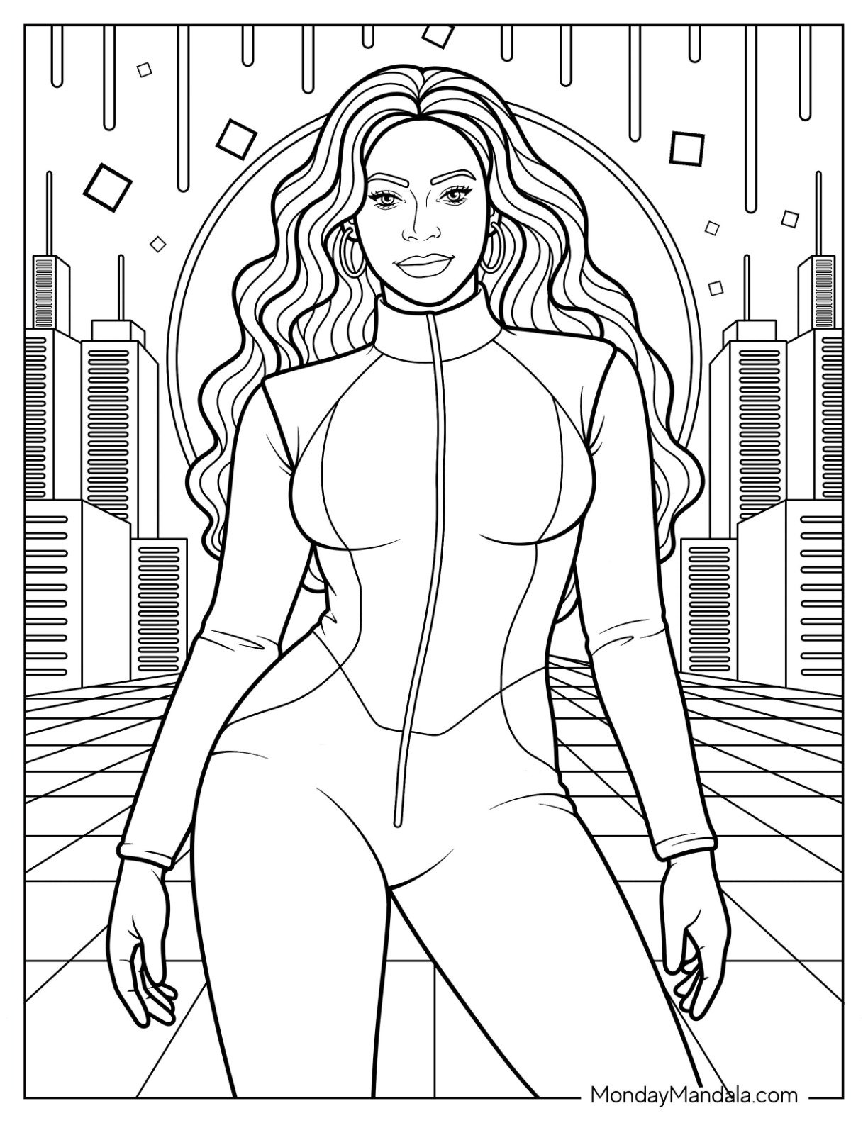Futuristic Beyoncé Coloring Page in Bodysuit with Cityscape and Halo Background