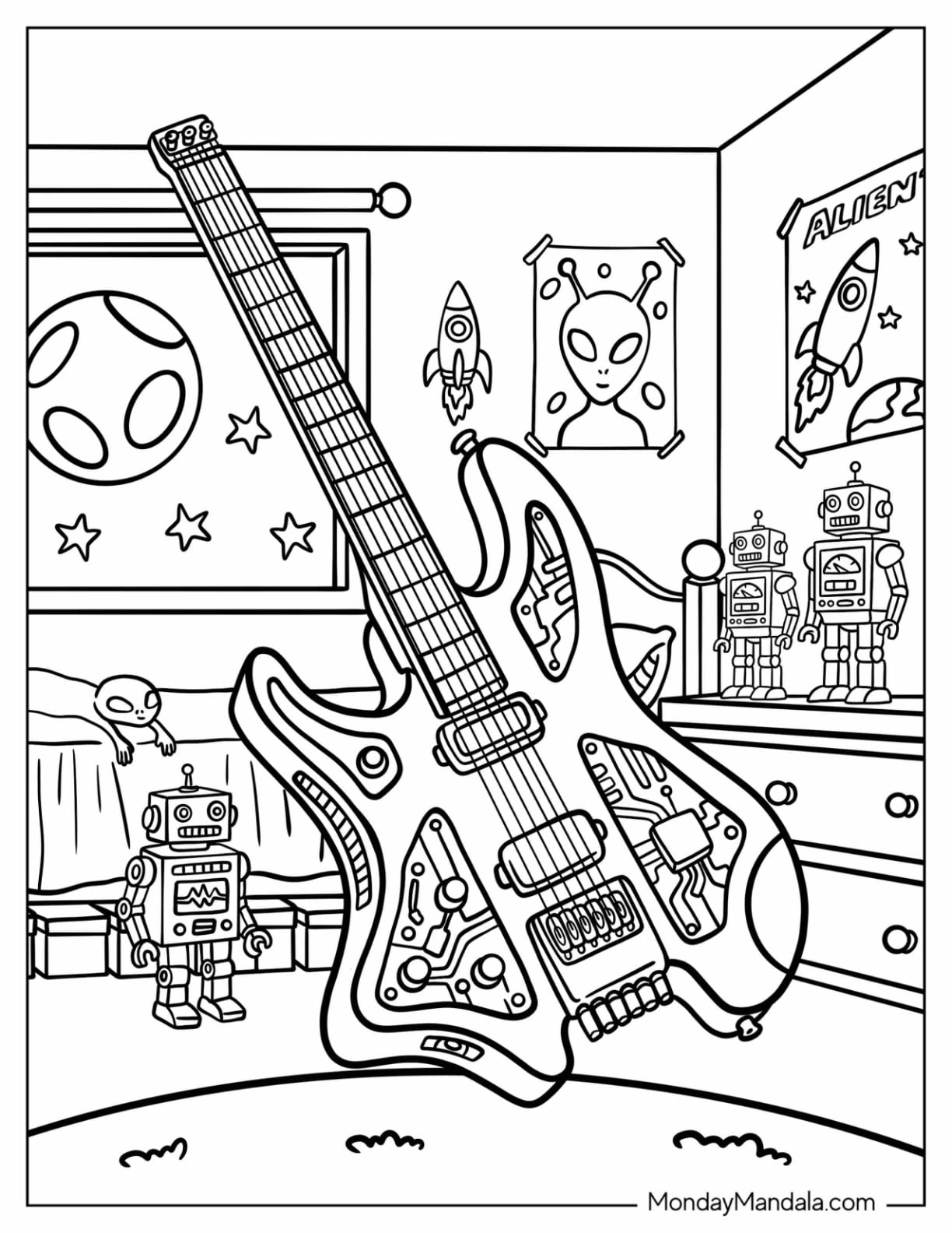 Futuristic Electric Guitar Coloring Page in a Space Themed Bedroom