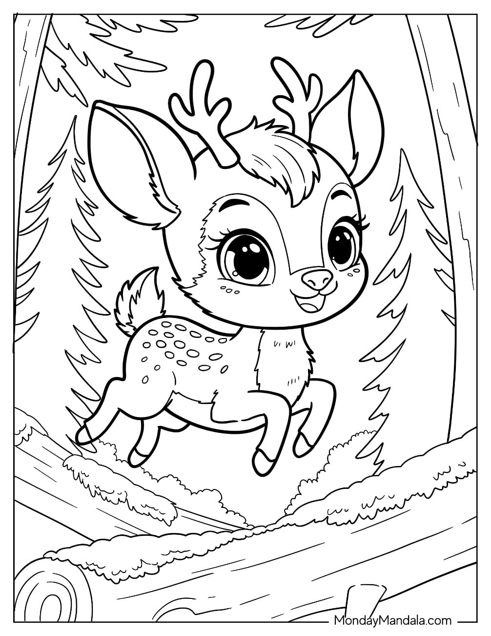 Galloping Deer Coloring Page in the Forest for Preschoolers