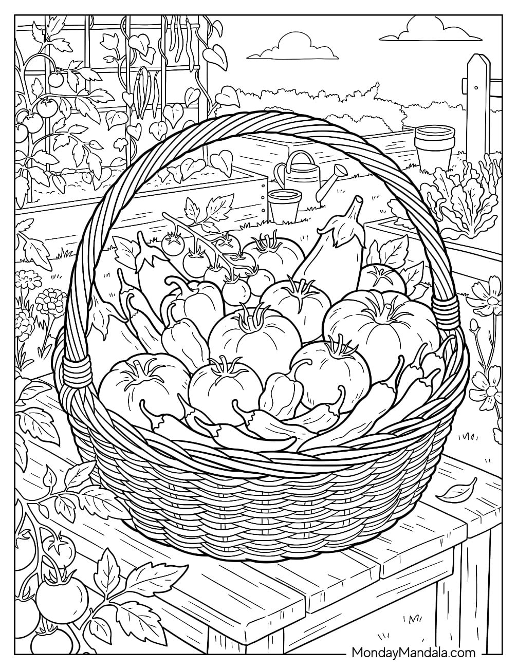 Garden Basket Filled with Freshly Harvested Vegetables and Tomatoes