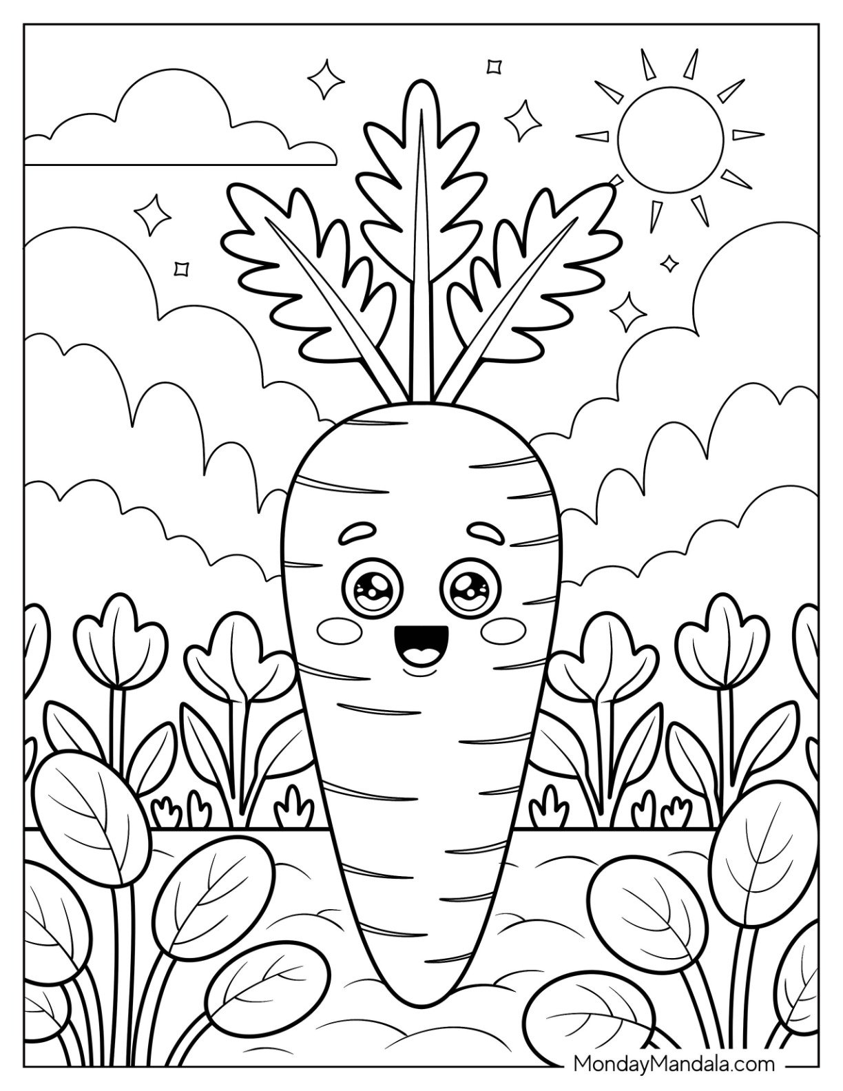 Garden Carrot with Sunny Sky and Vegetable Coloring Page Leaves for Preschoolers