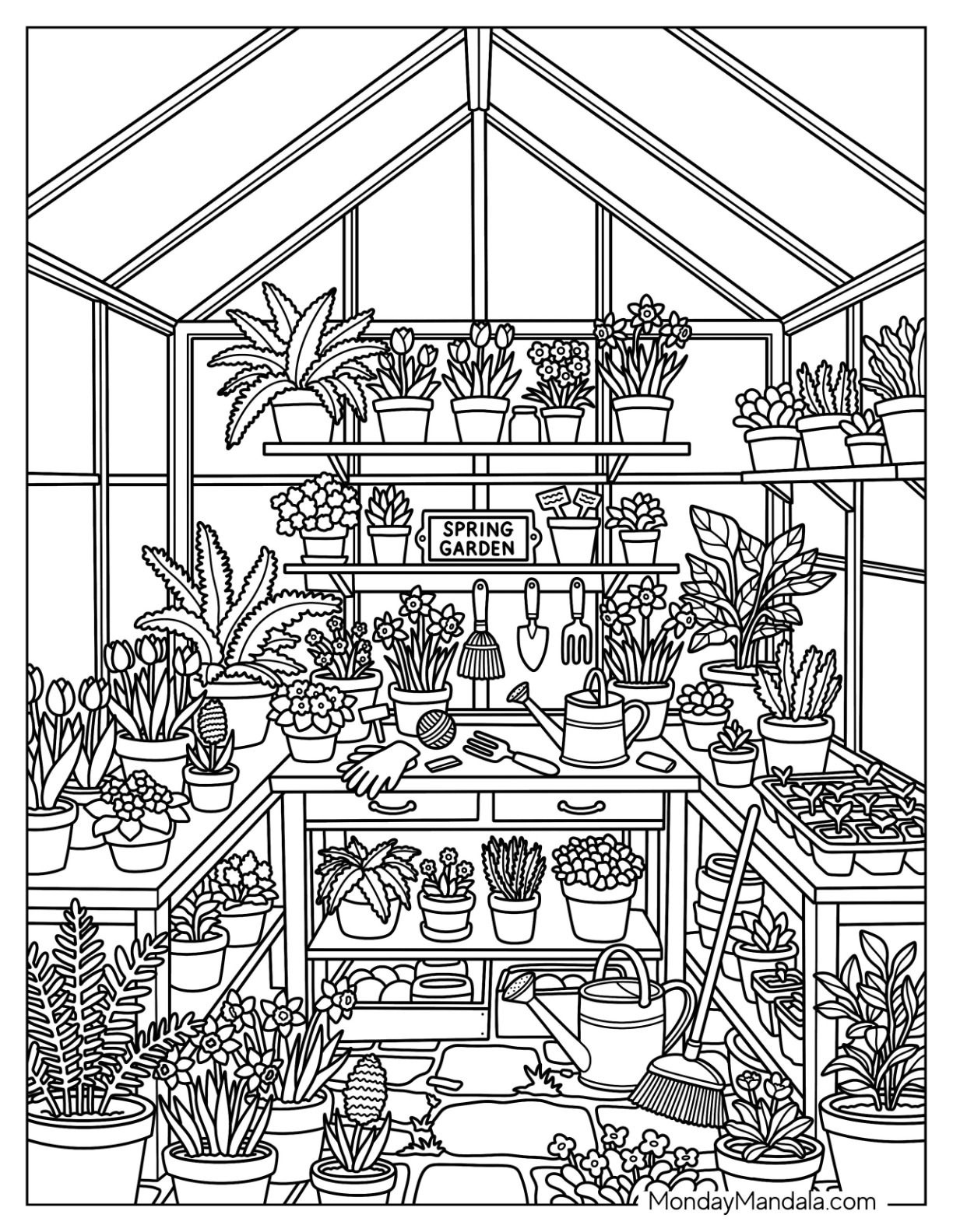 Garden Greenhouse with Potted Plants in Spring