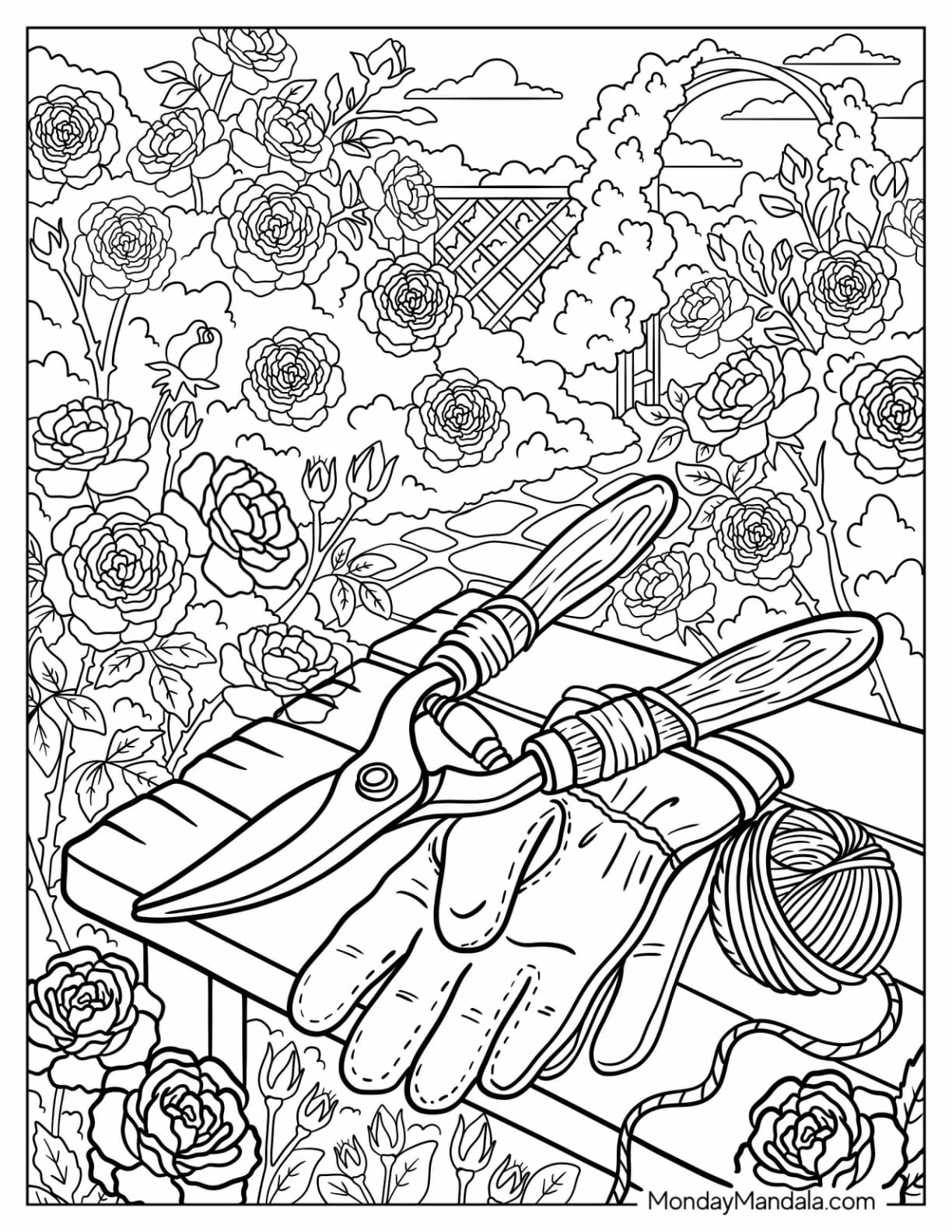 Gardening Tools with Gloves and Pruning Shears in a Rose Garden Coloring Page for Adults