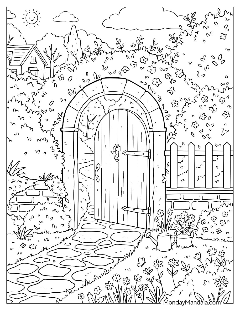 Gate with Stone Arch, Flower Path, and Cottage Garden Coloring Page