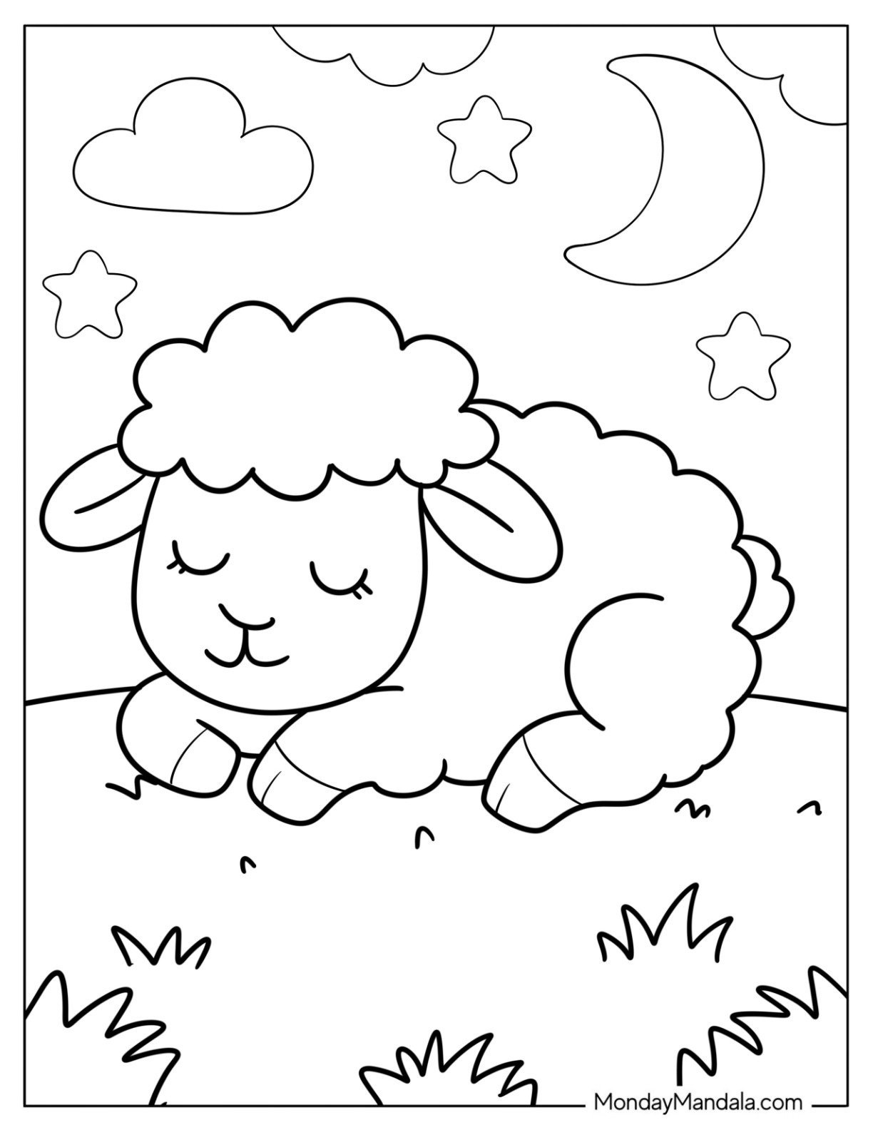 Gentle Cartoon Sheep Coloring Page Dozing Off in a Quiet Meadow for Preschoolers